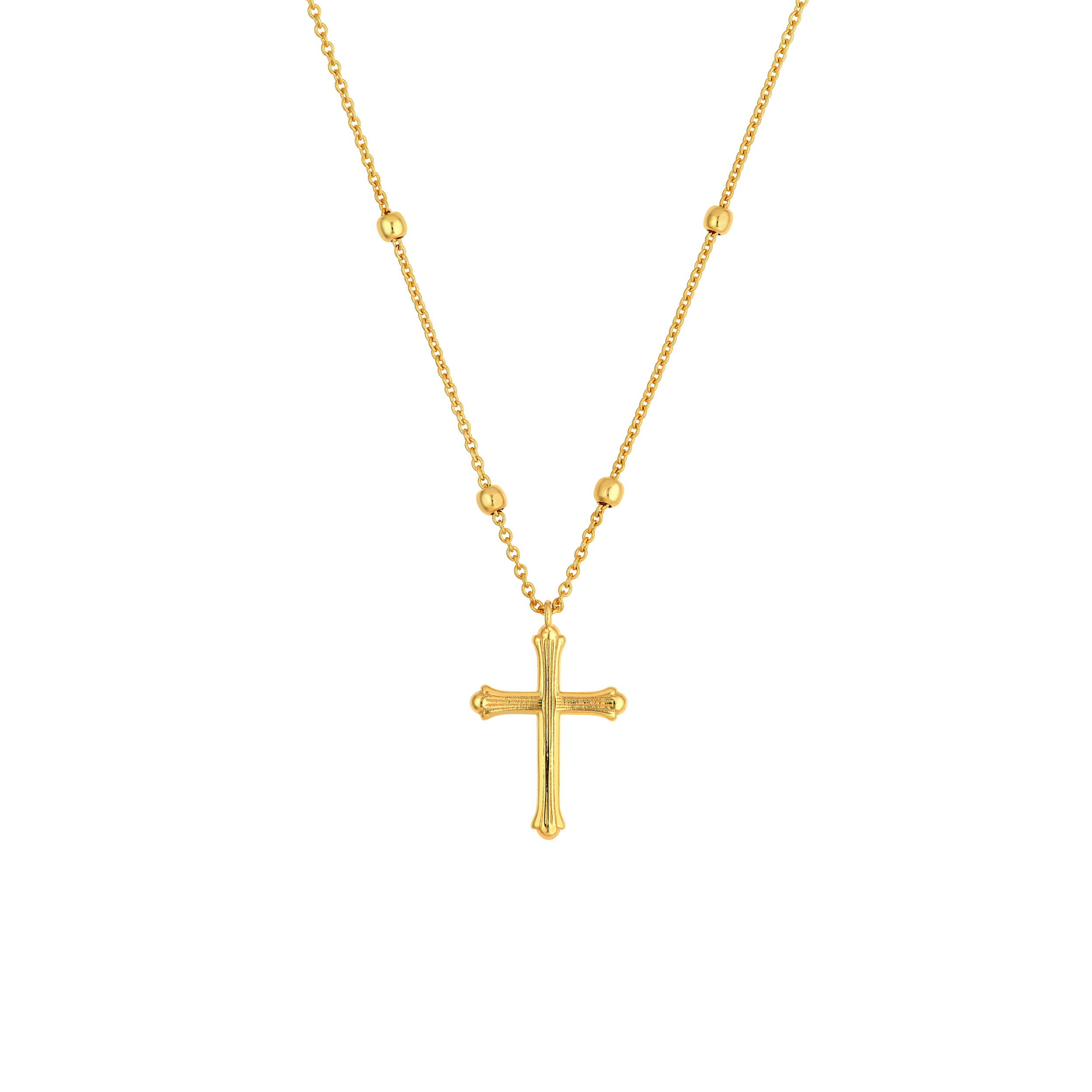 14k Yellow Gold Bead Station Cross Necklace
