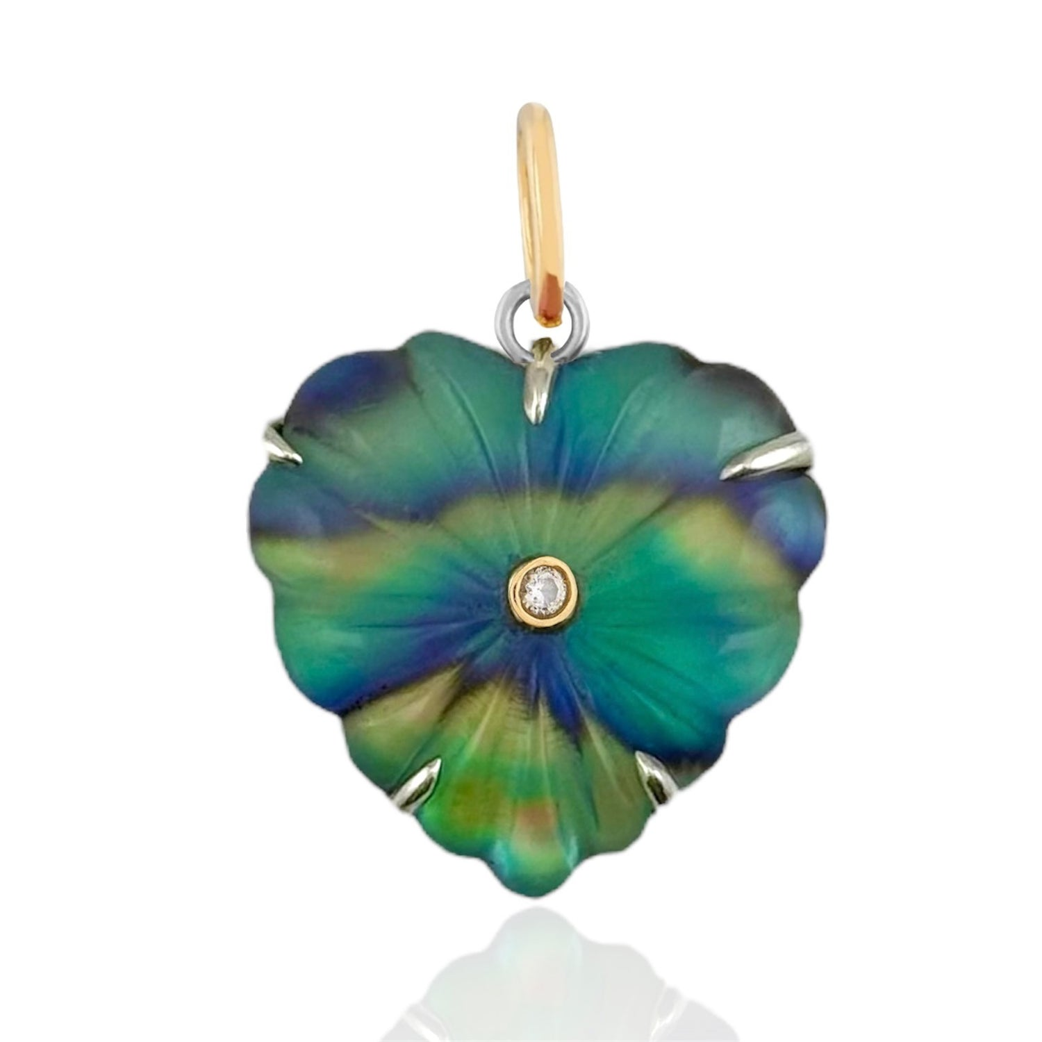 14k Yellow Gold Abalone And Clear Chalcedony Heart Charm