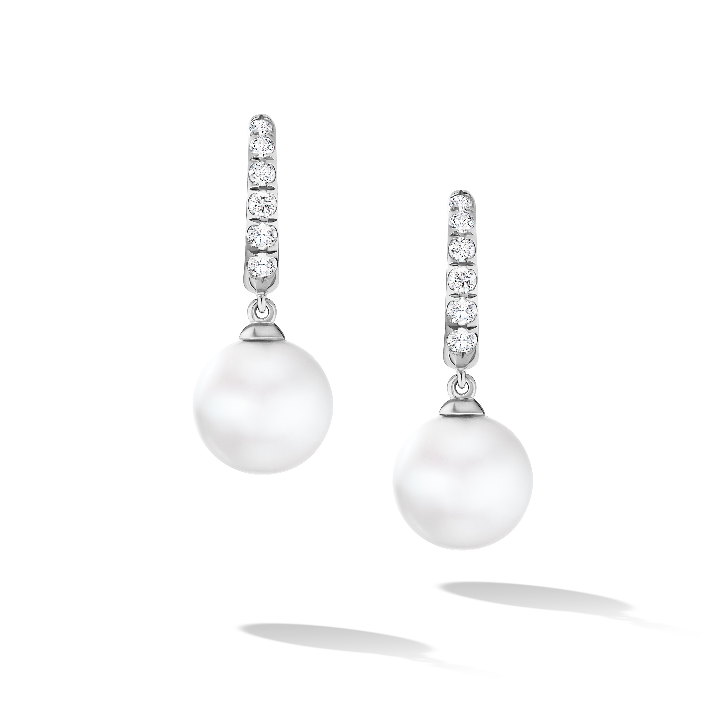 Sterling Silver 9Mm Pearl Drop Earrings With Pave Diamonds 0.25Ctw