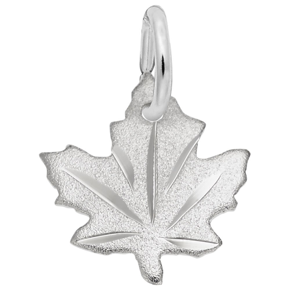 Maple Leaf - Satin Charm Rhodium Plated Sterling Silver