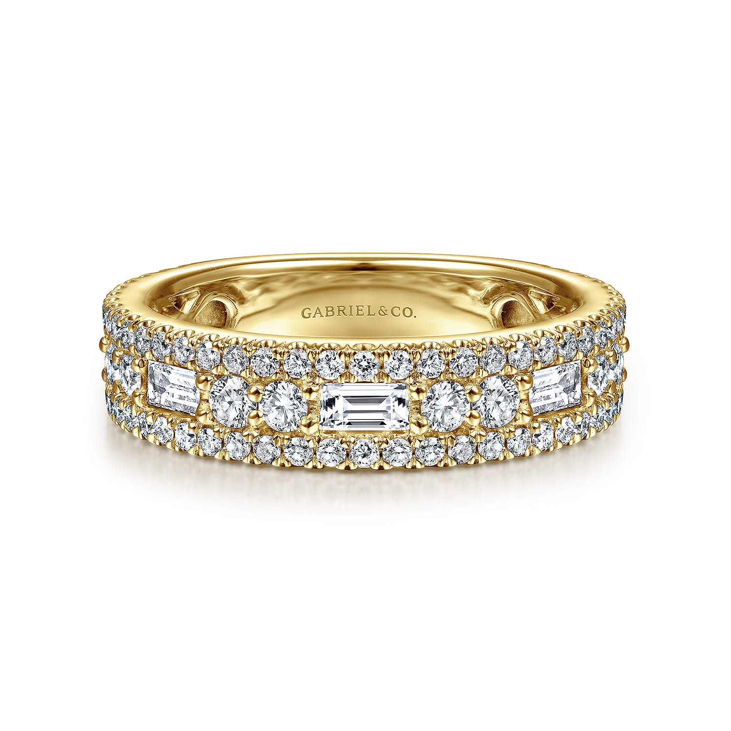 Gabriel & Co. 14K Yellow Gold Wide Baguette & Round Pave Diamond Band