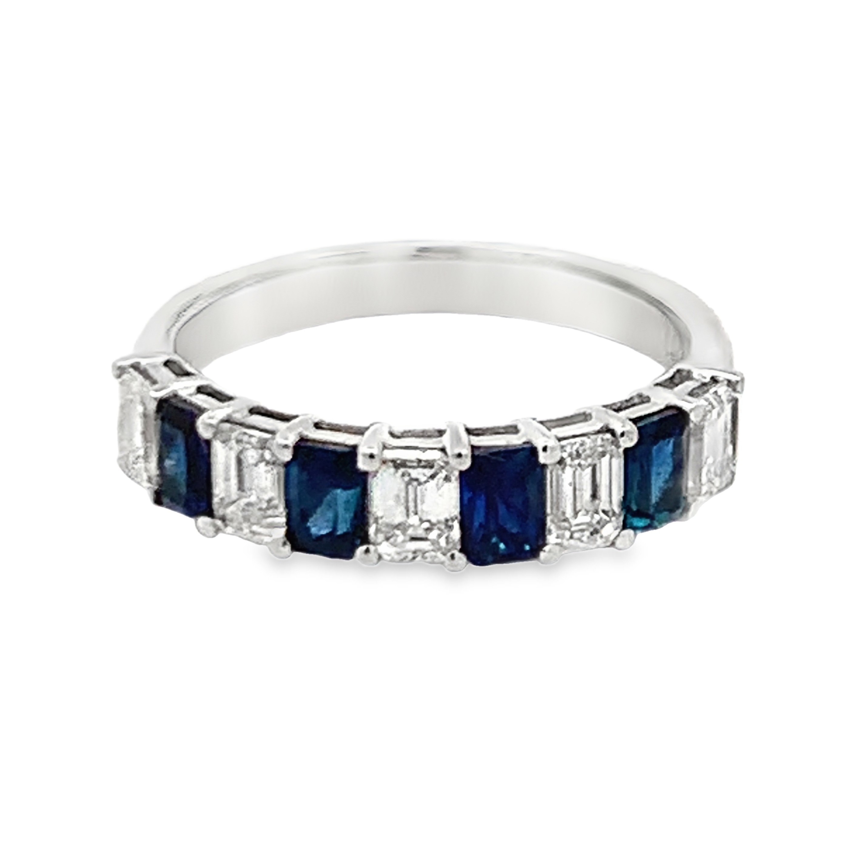 14K White Gold Half Anniversary Sapphire and Diamond Anniversary Band with 4 Emerald Sapphires 0.95ct and 5 Emerald Diamonds 0.93ct G-H SI Size 6