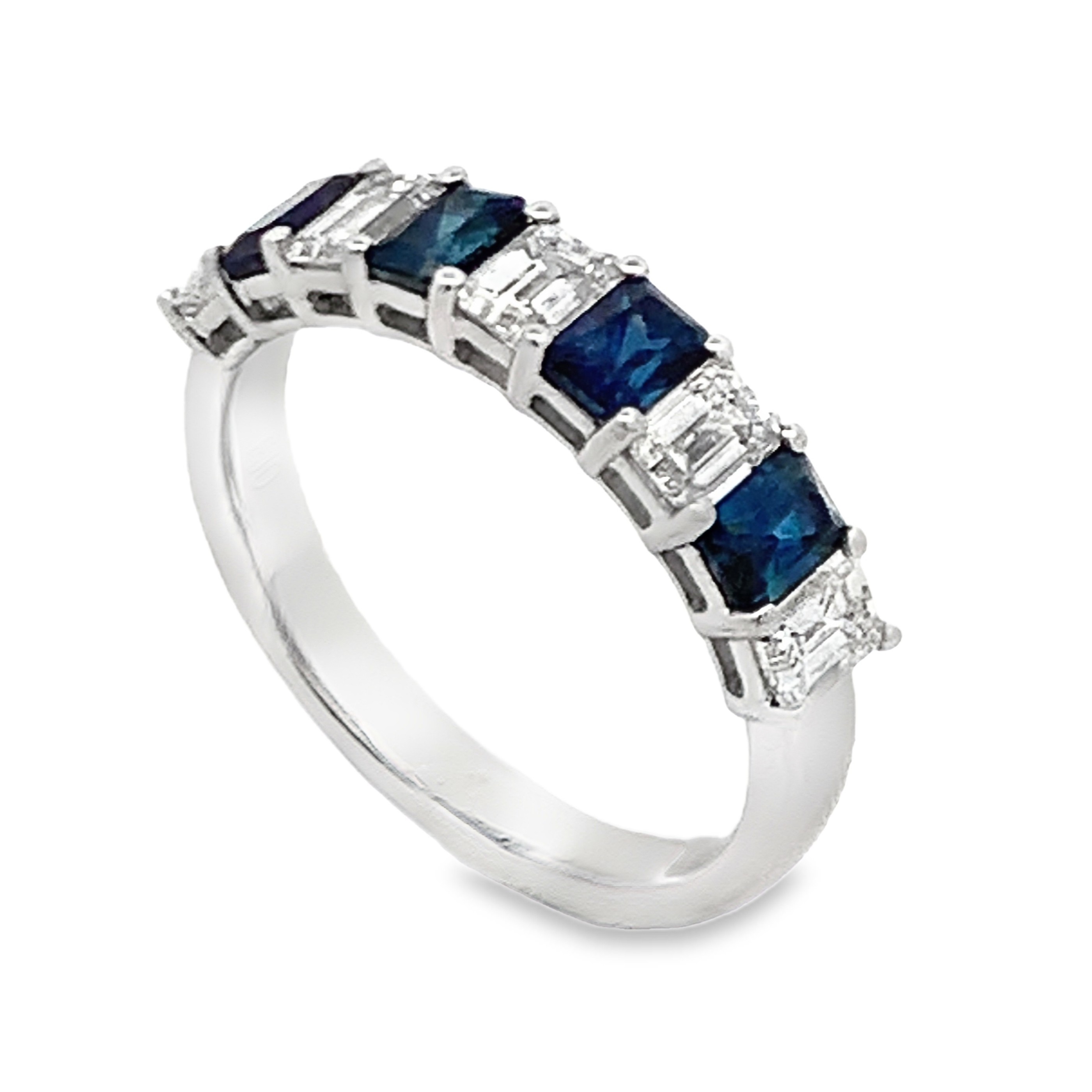 14K White Gold Half Anniversary Sapphire and Diamond Anniversary Band with 4 Emerald Sapphires 0.95ct and 5 Emerald Diamonds 0.93ct G-H SI Size 6