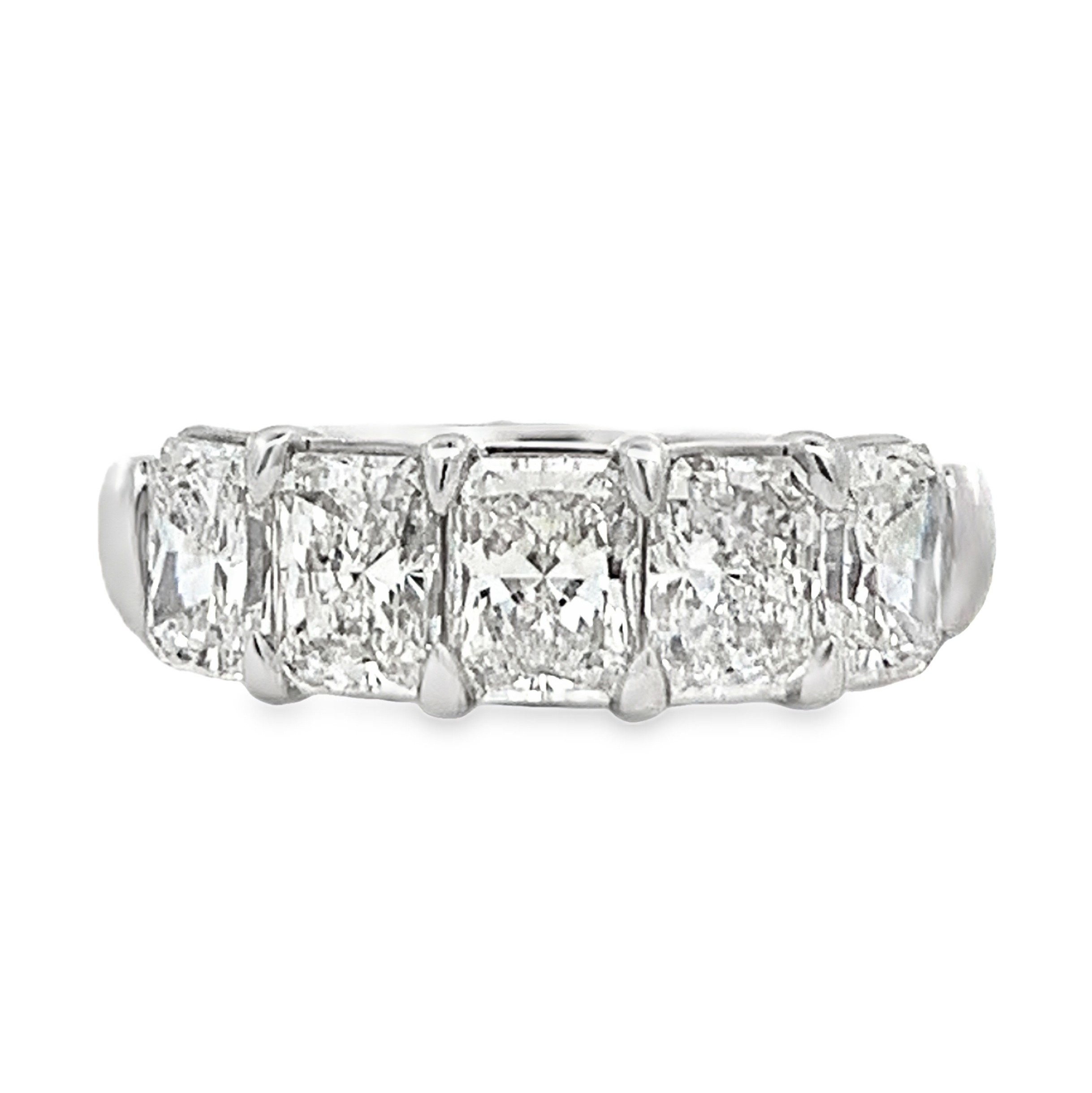 Platinum Diamond Anniversary Band Size 6.5 with 5 Radiant Diamonds with Claw Prongs 2.55ct H VS-SI 
GIA #3515001850, 5516222703, 7506473136, 7516079446, 3515122253