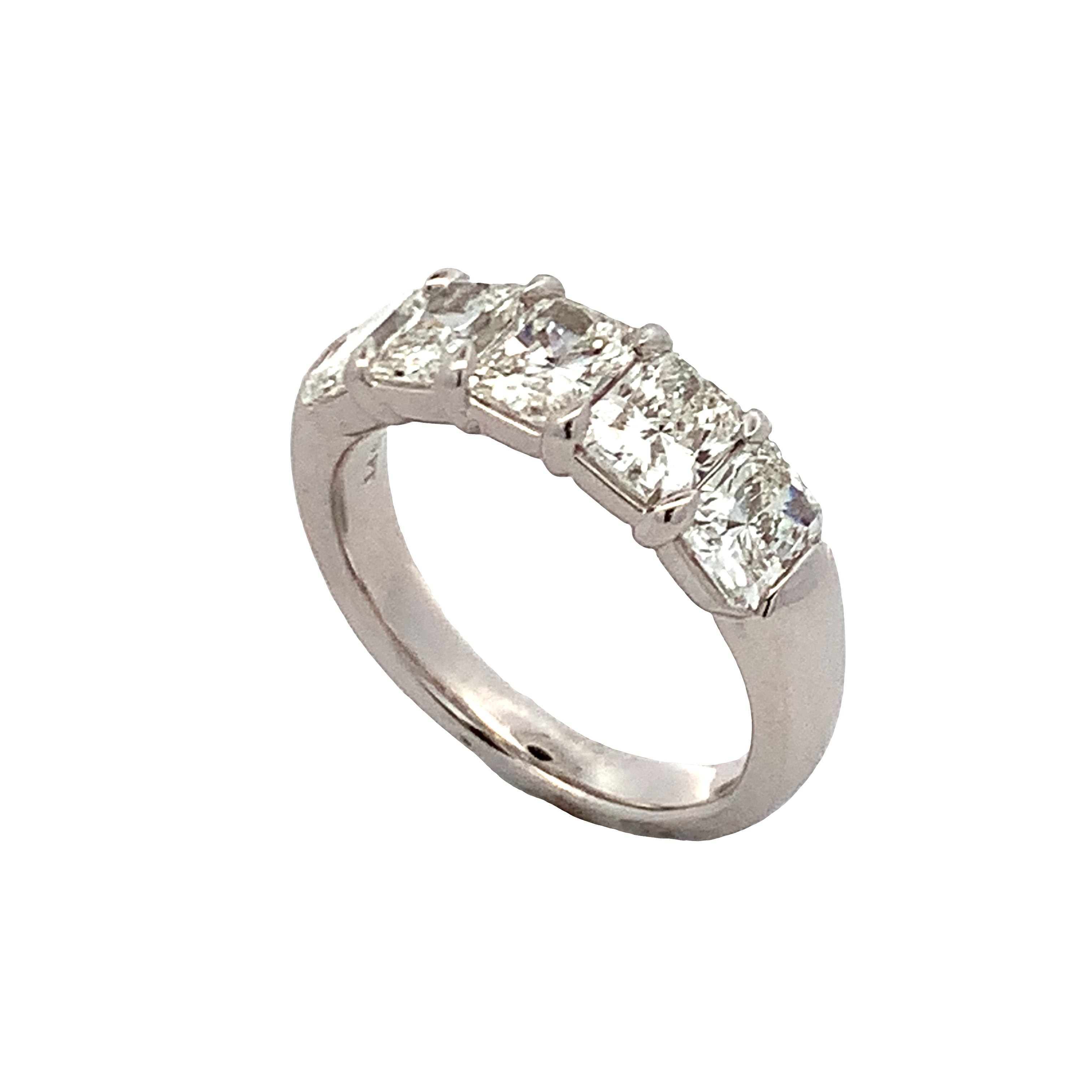 Platinum Diamond Anniversary Band Size 6.5 with 5 Radiant Diamonds with Claw Prongs 2.55ct H VS-SI 
GIA #3515001850, 5516222703, 7506473136, 7516079446, 3515122253