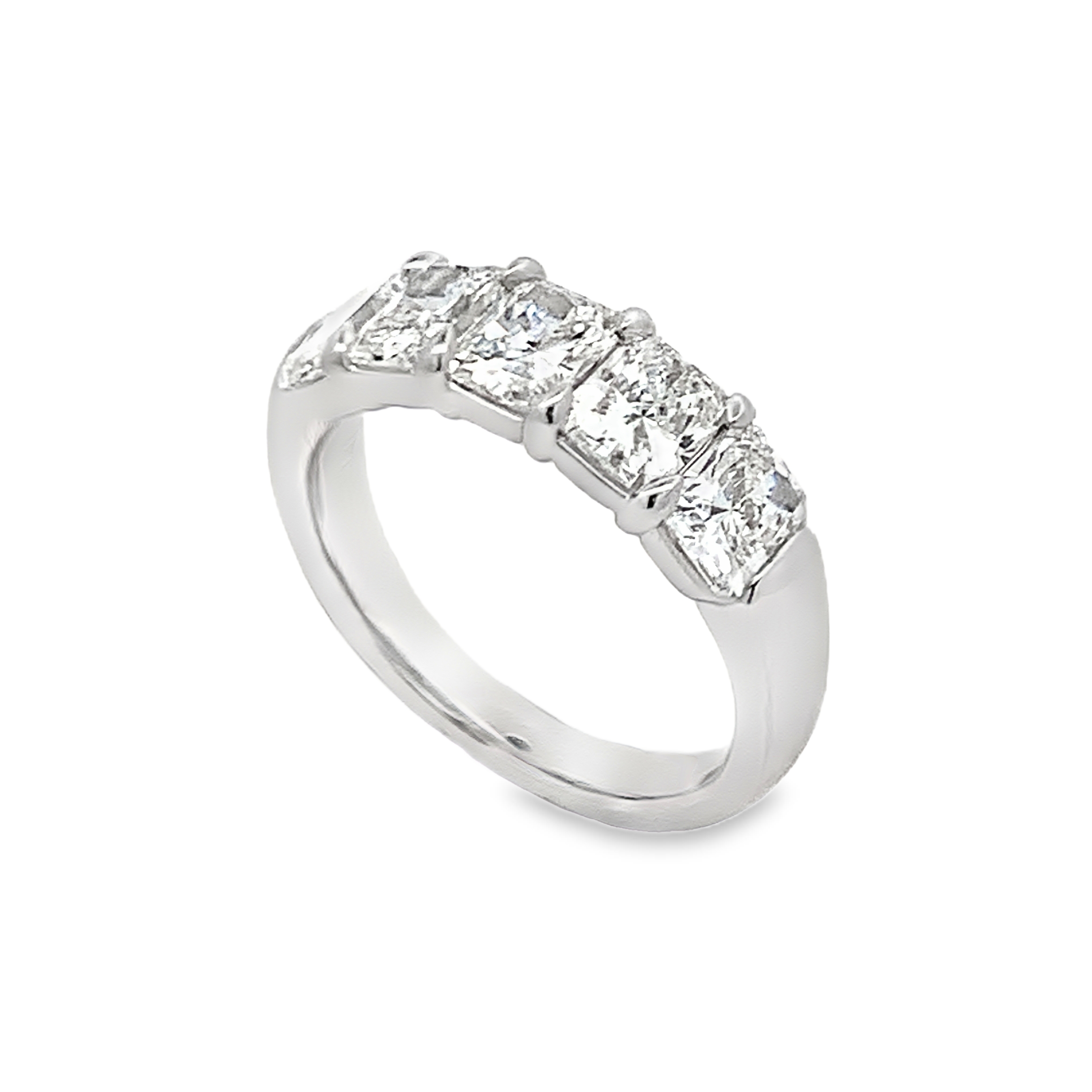 Platinum Diamond Anniversary Band Size 6.5 with 5 Radiant Diamonds with Claw Prongs 2.55ct H VS-SI 
GIA #3515001850, 5516222703, 7506473136, 7516079446, 3515122253