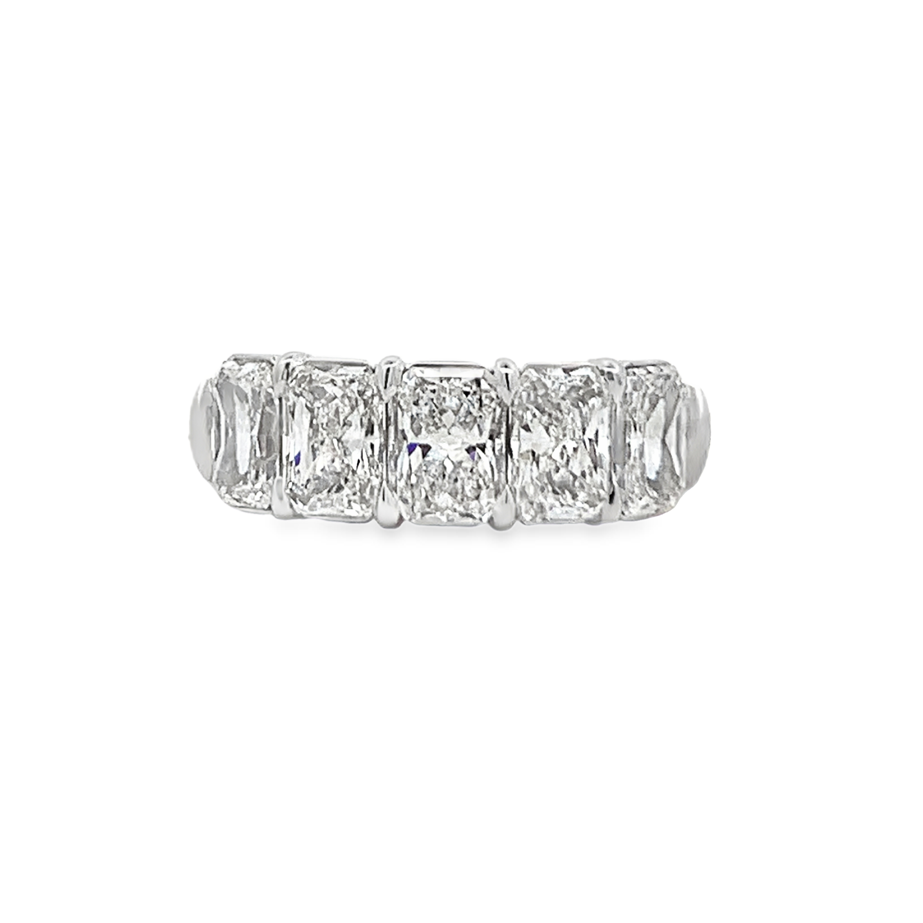 Platinum Diamond Anniversary Band Size 6.5 with 5 Radiant Diamonds with Claw Prongs 3.54ct G VS
GIA #1545293382, 2546250902, 3545428364, 7533731180, 2537313624