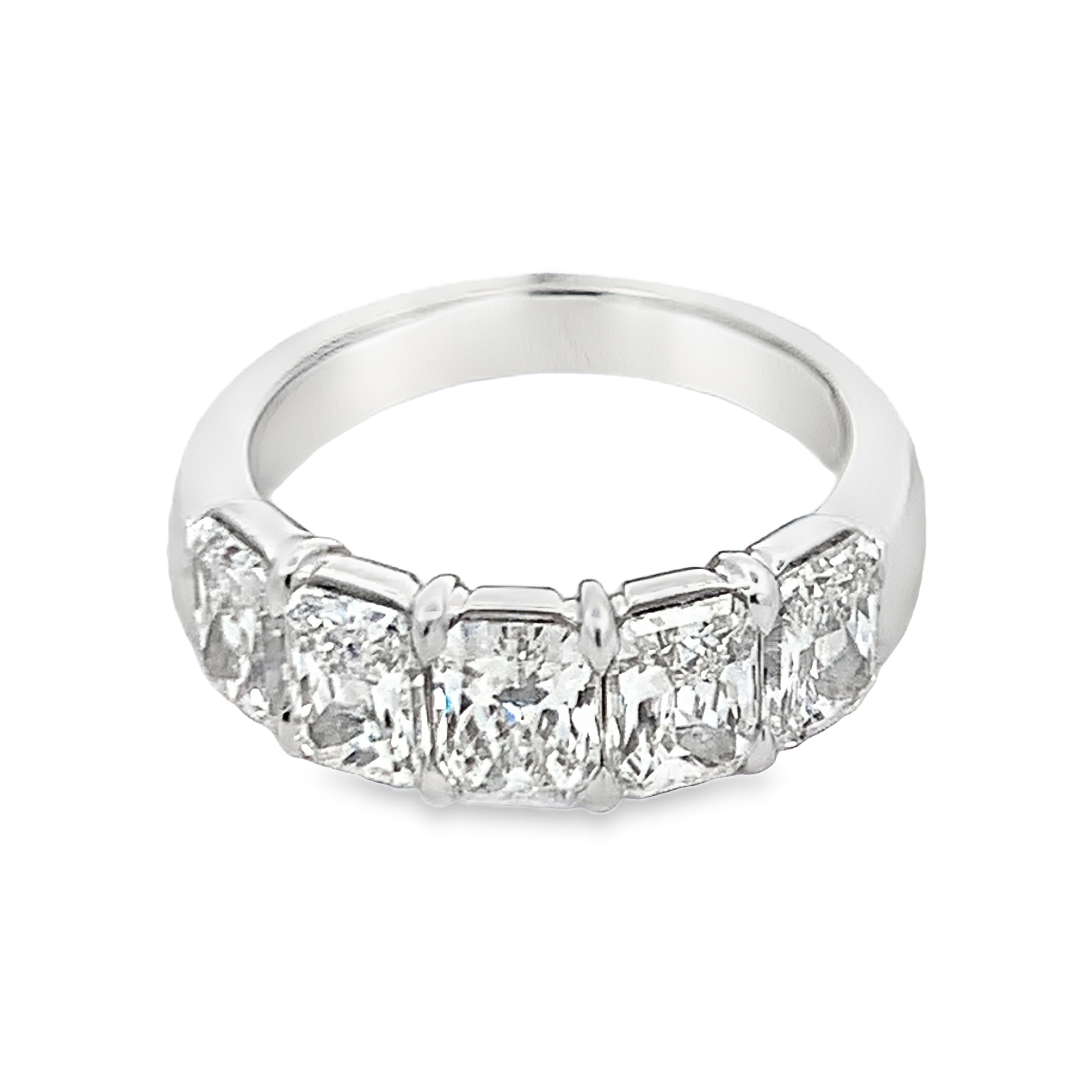 Platinum Diamond Anniversary Band Size 6.5 with 5 Radiant Diamonds with Claw Prongs 3.54ct G VS
GIA #1545293382, 2546250902, 3545428364, 7533731180, 2537313624
