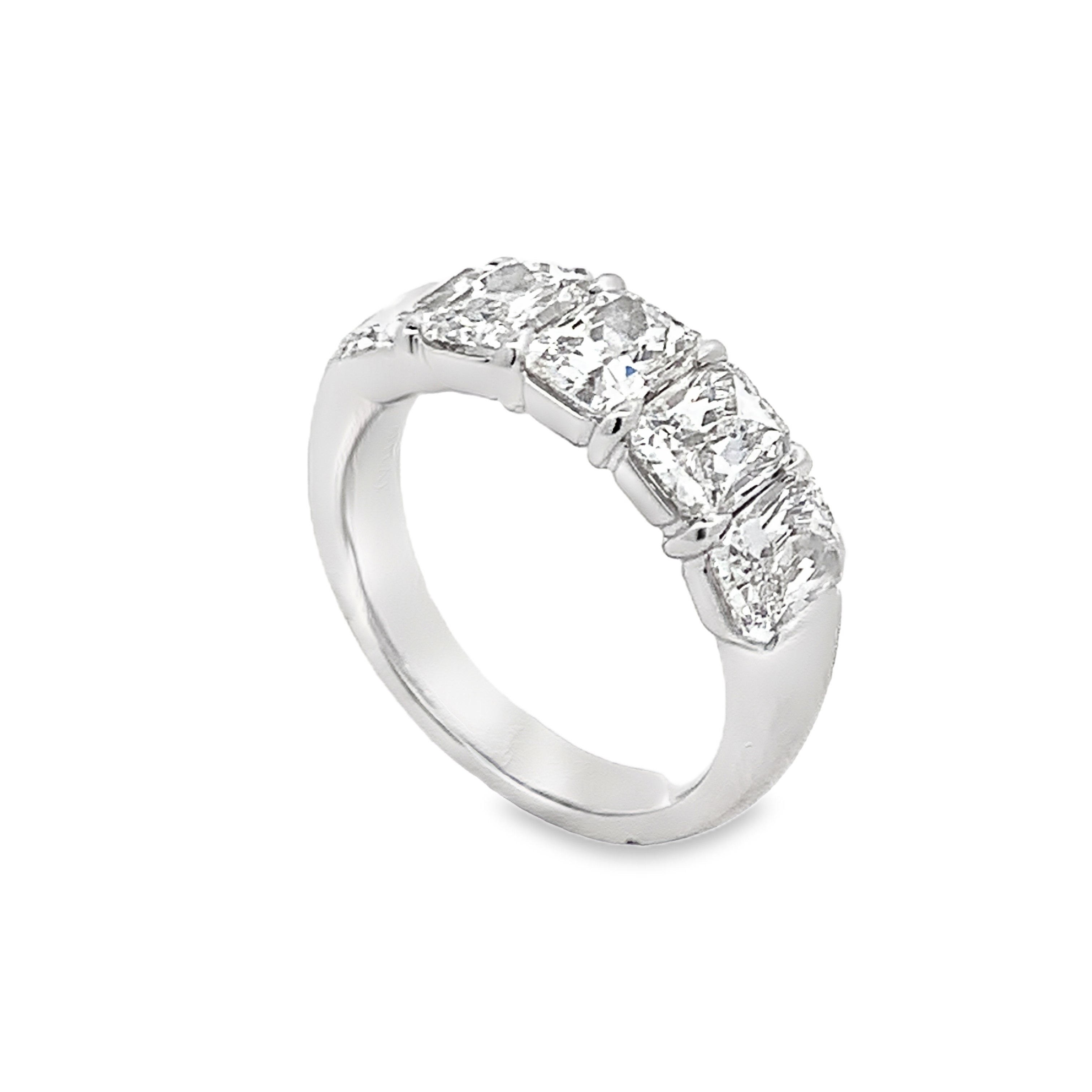 Platinum Diamond Anniversary Band Size 6.5 with 5 Radiant Diamonds with Claw Prongs 3.54ct G VS
GIA #1545293382, 2546250902, 3545428364, 7533731180, 2537313624