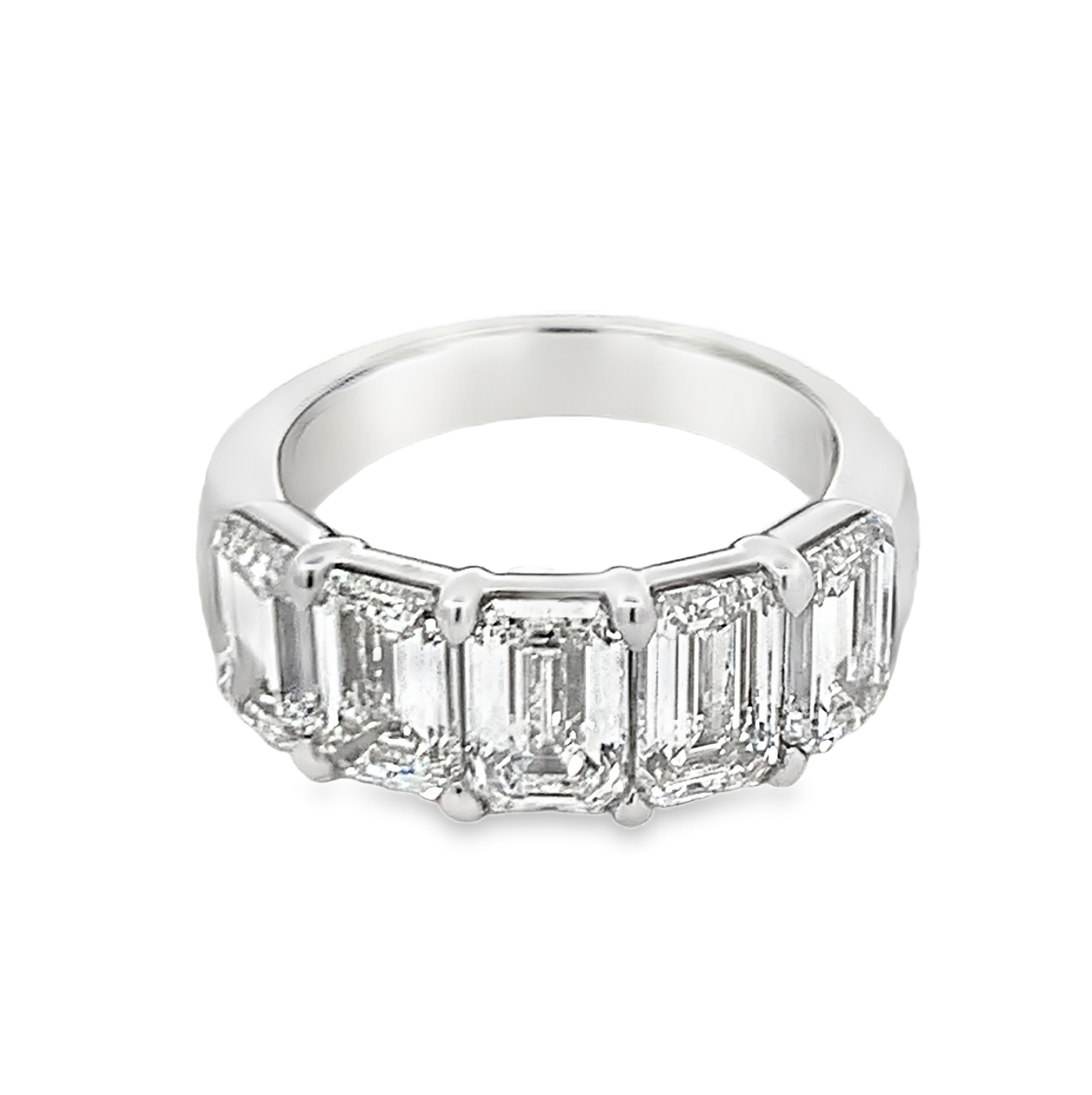 Platinum Diamond Anniversary Band Size 6.5 with 5 Emerald Diamonds with Claw Prongs 5.04ct  I VVS2
GIA #6535171923, 6532053827, 3535327384, 6531508743, 2526609793