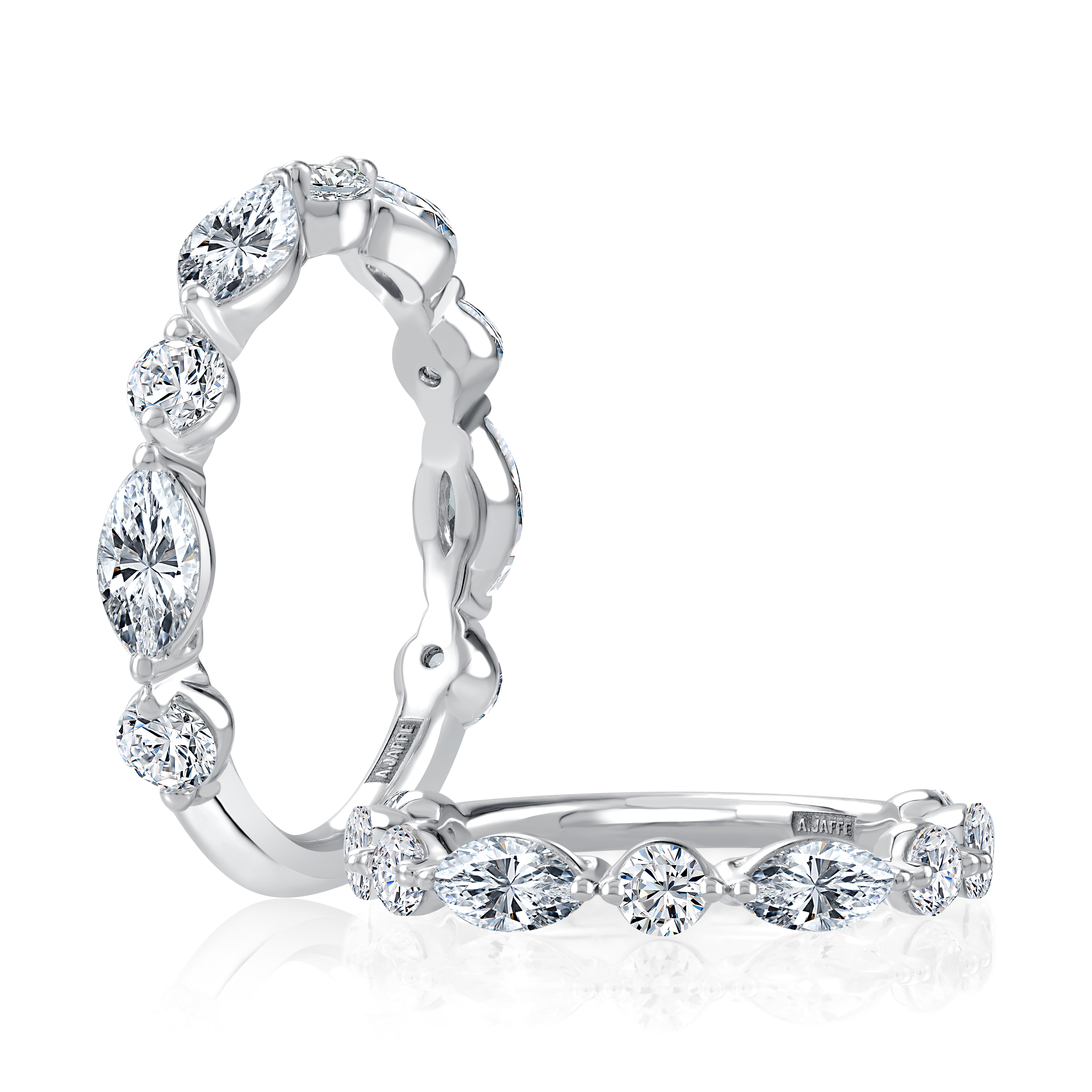 14K White Gold Alternating Marquise and Round Diamond Ring