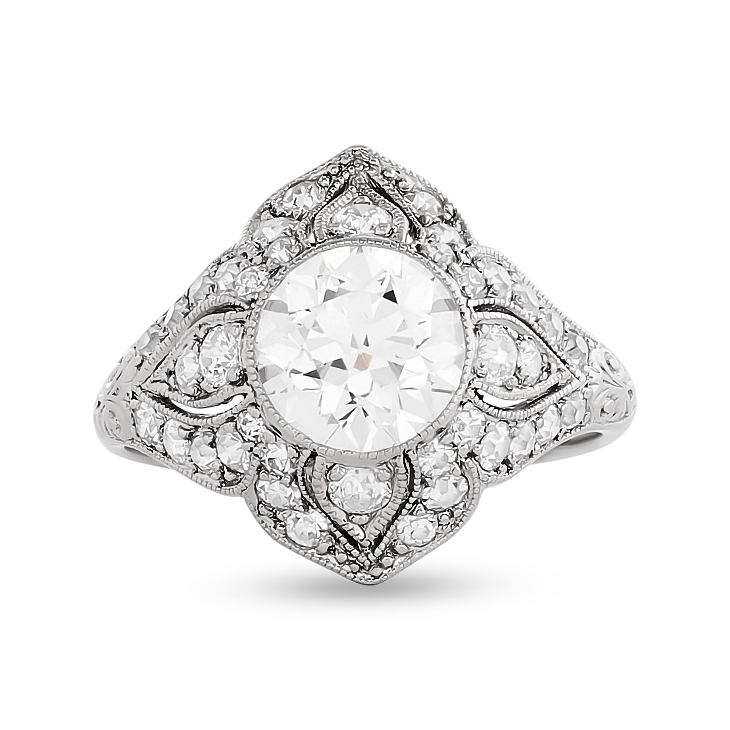 Bailey Banks & Biddle Platinum Old European Cut Diamond Ring Size 6.5 featuring 1 Old European Cut Diamond 1.65ct G VS2 and 38 Single Cut/Old European Cut Diamonds 0.50 CTW G VS2
Stamped 