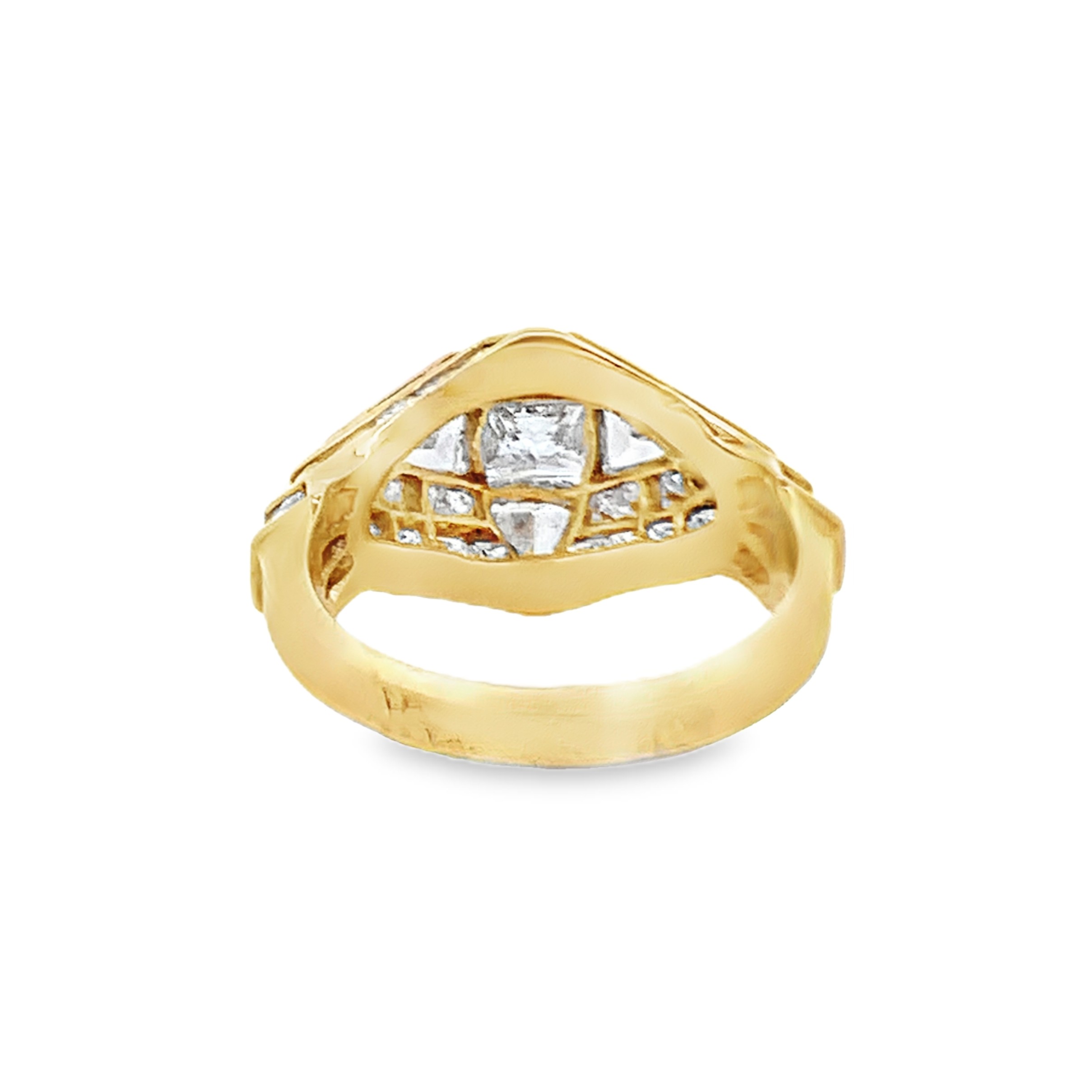 18K Yellow Gold Art-Deco Inspired Diamond Ring Size 6.25 with 1 Princess Diamond 0.94 CTW G VS2 and 4 Trillian Diamonds 0.60 CTW and 46 Princess Diamonds 2.45 CTW H-I VS-SI2
Stamped QUAD 750 3.4dwt