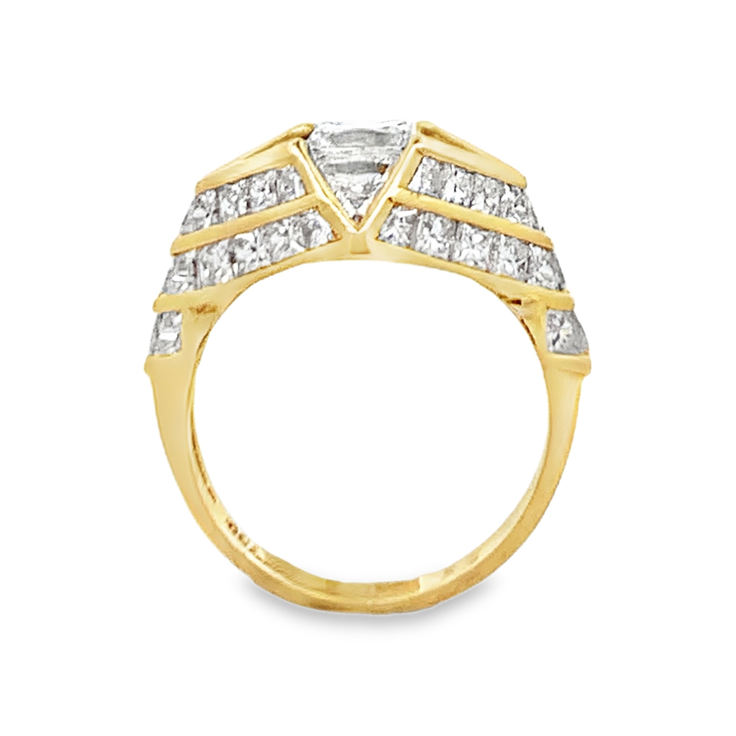 18K Yellow Gold Art-Deco Inspired Diamond Ring Size 6.25 with 1 Princess Diamond 0.94 CTW G VS2 and 4 Trillian Diamonds 0.60 CTW and 46 Princess Diamonds 2.45 CTW H-I VS-SI2
Stamped QUAD 750 3.4dwt