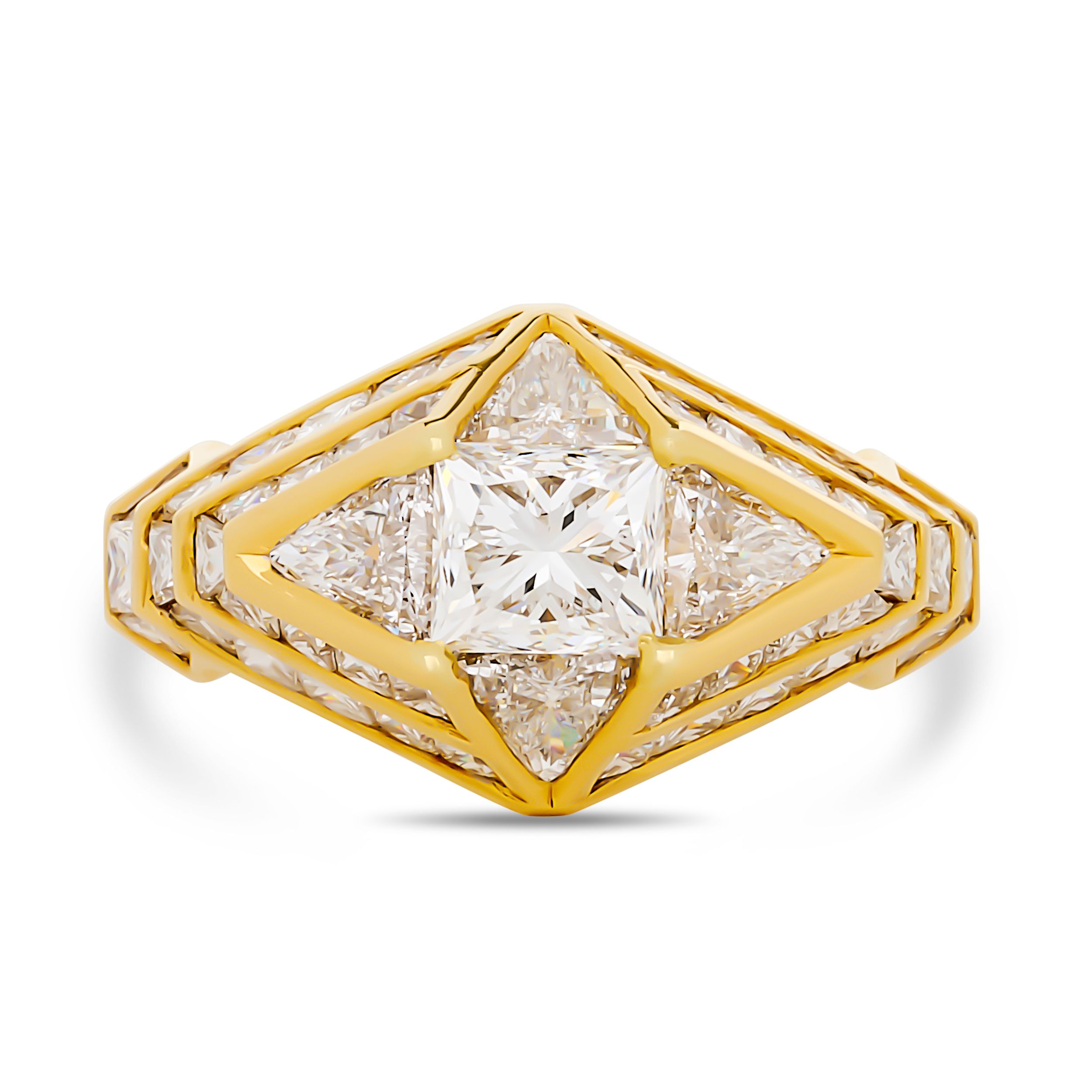 18K Yellow Gold Art-Deco Inspired Diamond Ring Size 6.25 with 1 Princess Diamond 0.94 CTW G VS2 and 4 Trillian Diamonds 0.60 CTW and 46 Princess Diamonds 2.45 CTW H-I VS-SI2
Stamped 