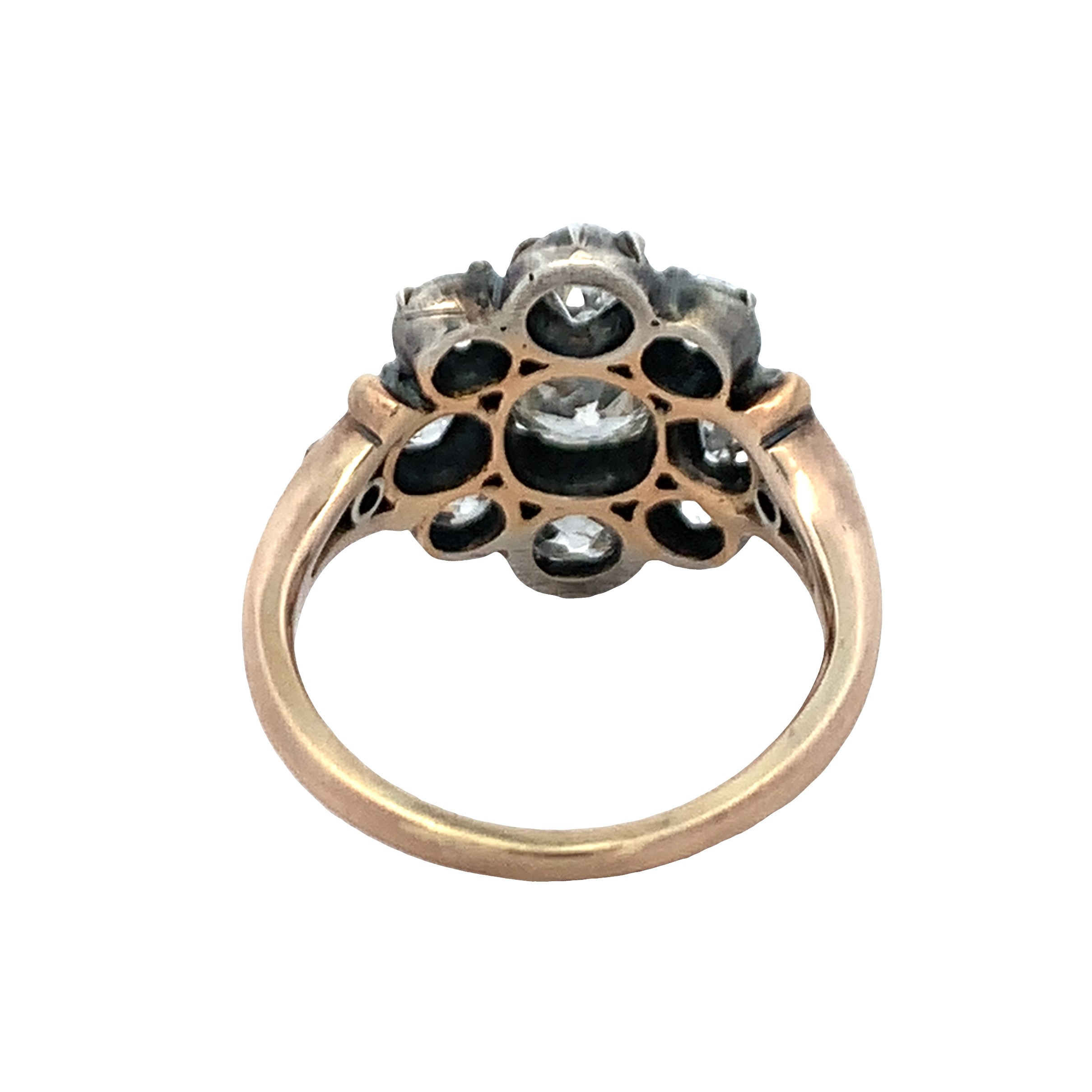 Antique Silver & 14K Yellow Gold Diamond Cluster Ring Size 6.75 with 1 Old Mine Cut Diamond Center 0.75 CTW H-L SI-I1 and 8 Old Mine Cut Diamonds 2.00 CTW H-L SI-I1 and 2 Single Cut Diamonds 0.02 CTW H-L SI-I1
3.4dwt