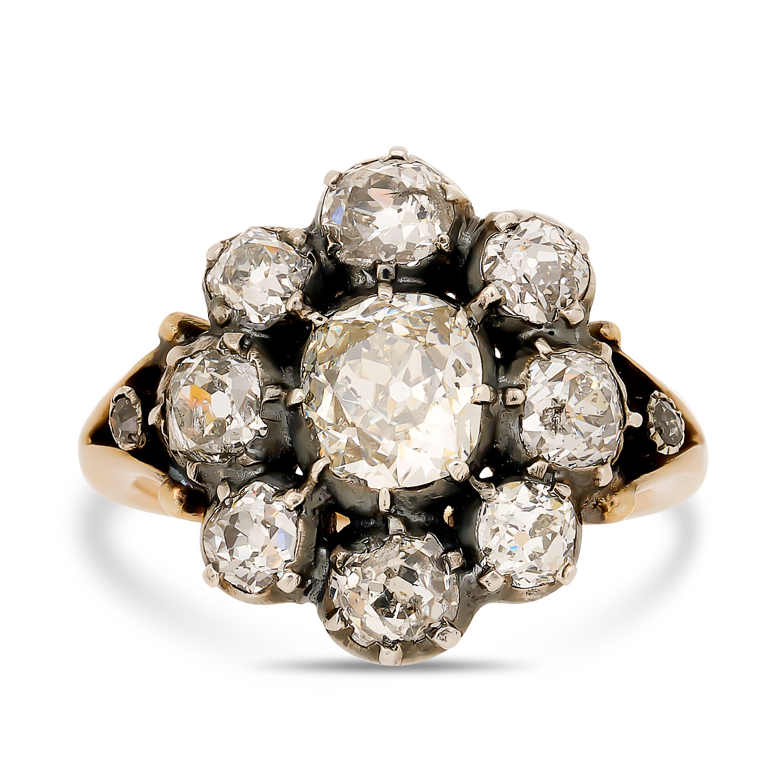 Antique Silver & 14K Yellow Gold Diamond Cluster Ring Size 6.75 with 1 Old Mine Cut Diamond Center 0.75 CTW H-L SI-I1 and 8 Old Mine Cut Diamonds 2.00 CTW H-L SI-I1 and 2 Single Cut Diamonds 0.02 CTW H-L SI-I1
3.4dwt