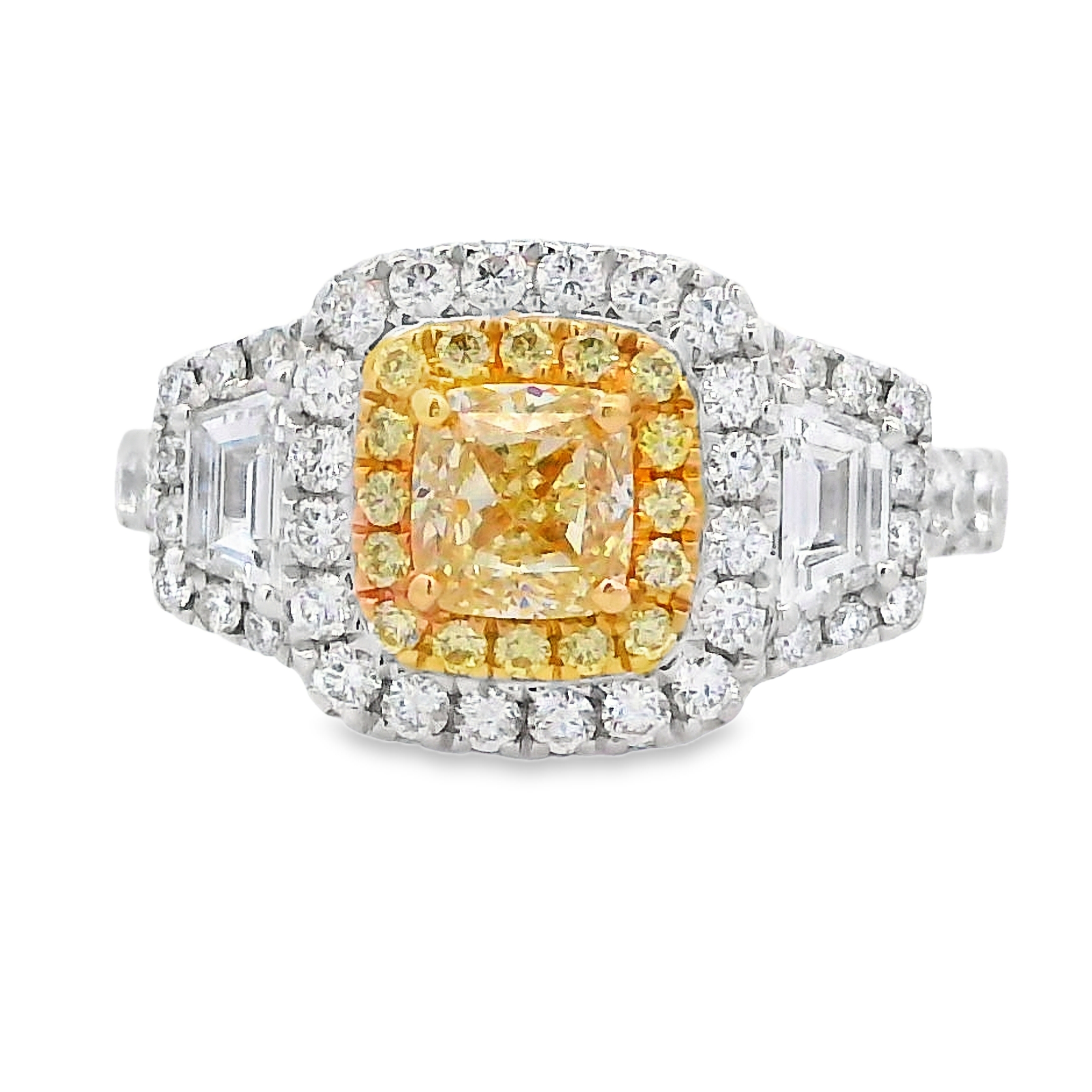 18K Two-Tone Yellow Diamond Halo Three-Stone Fashion Ring