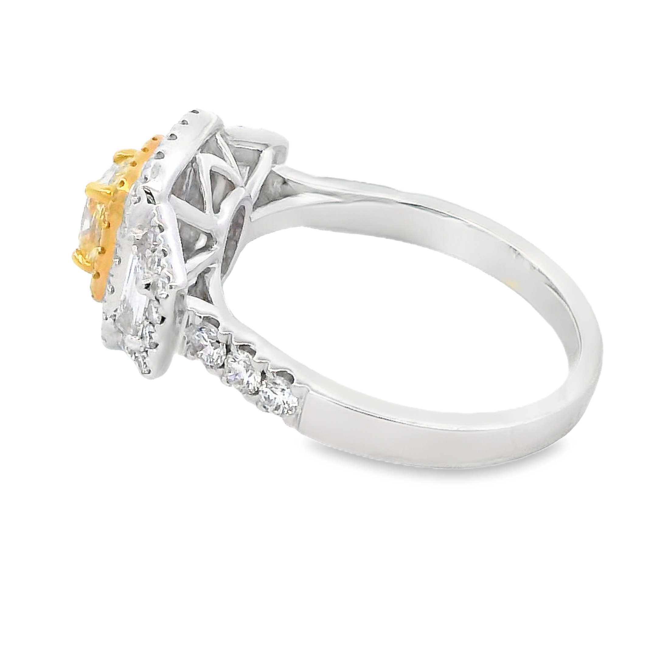 18K Two-Tone Yellow Diamond Halo Three-Stone Fashion Ring