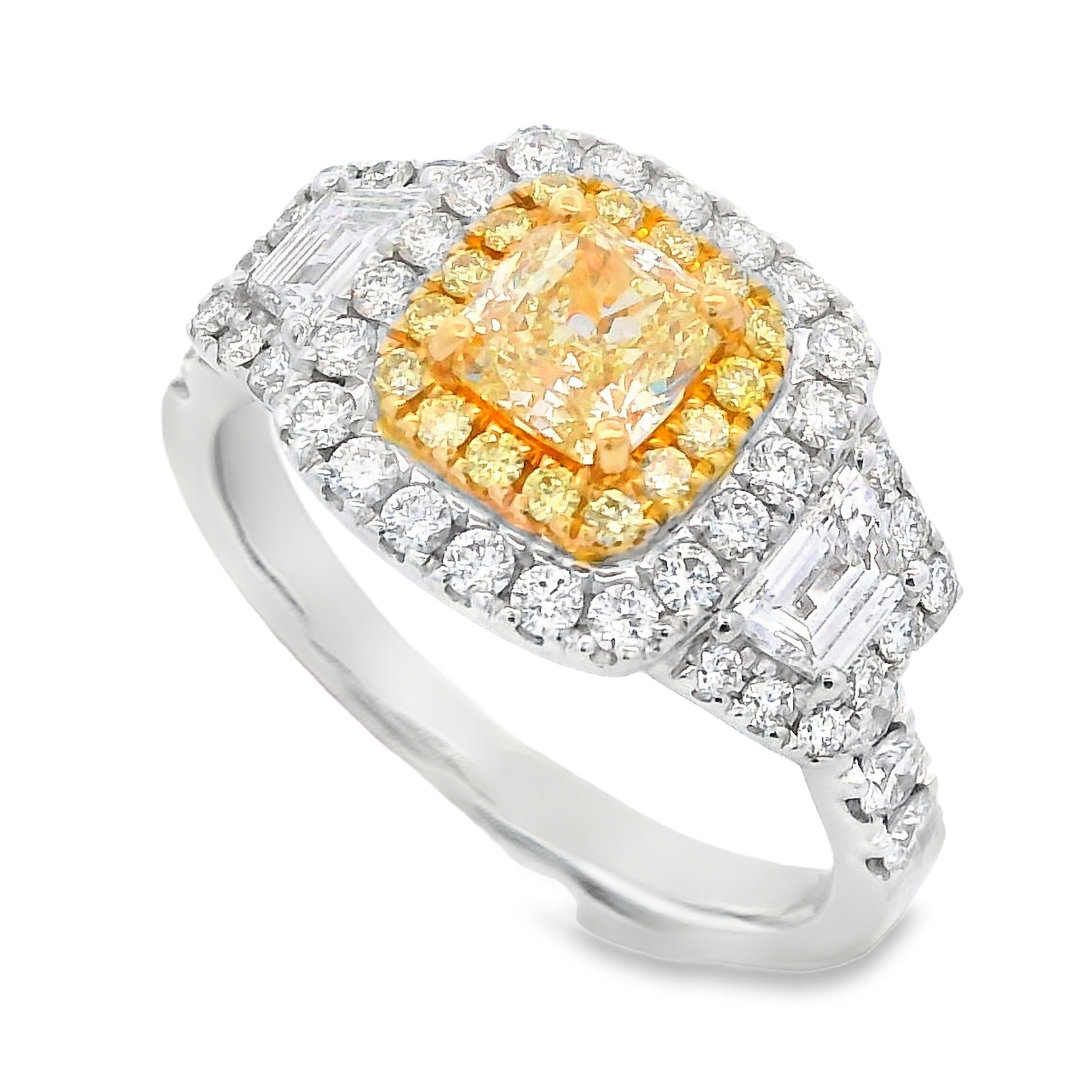 18K Two-Tone Yellow Diamond Halo Three-Stone Fashion Ring