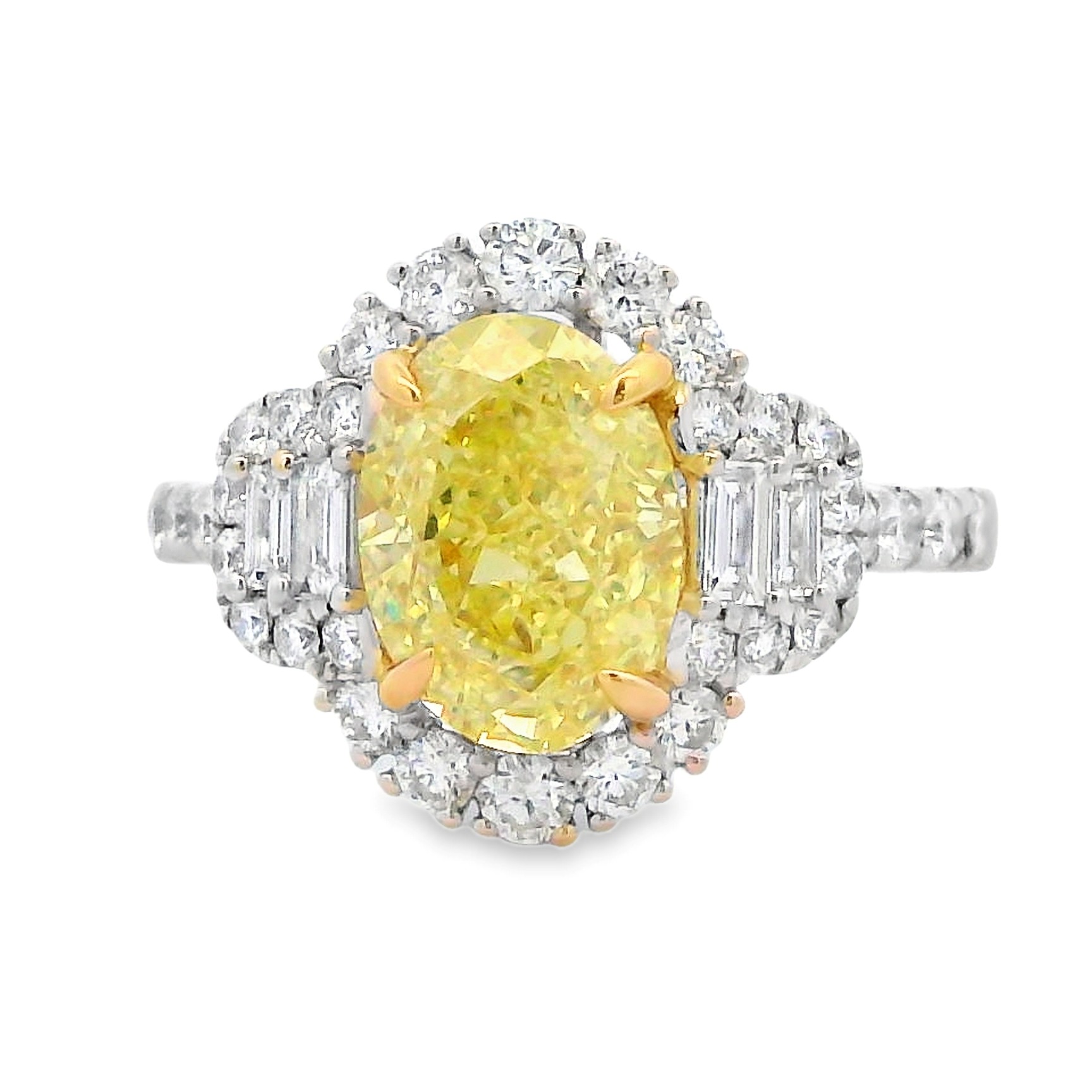 18K Two-Tone Oval Yellow Diamond and Baguette Accent Halo Ring