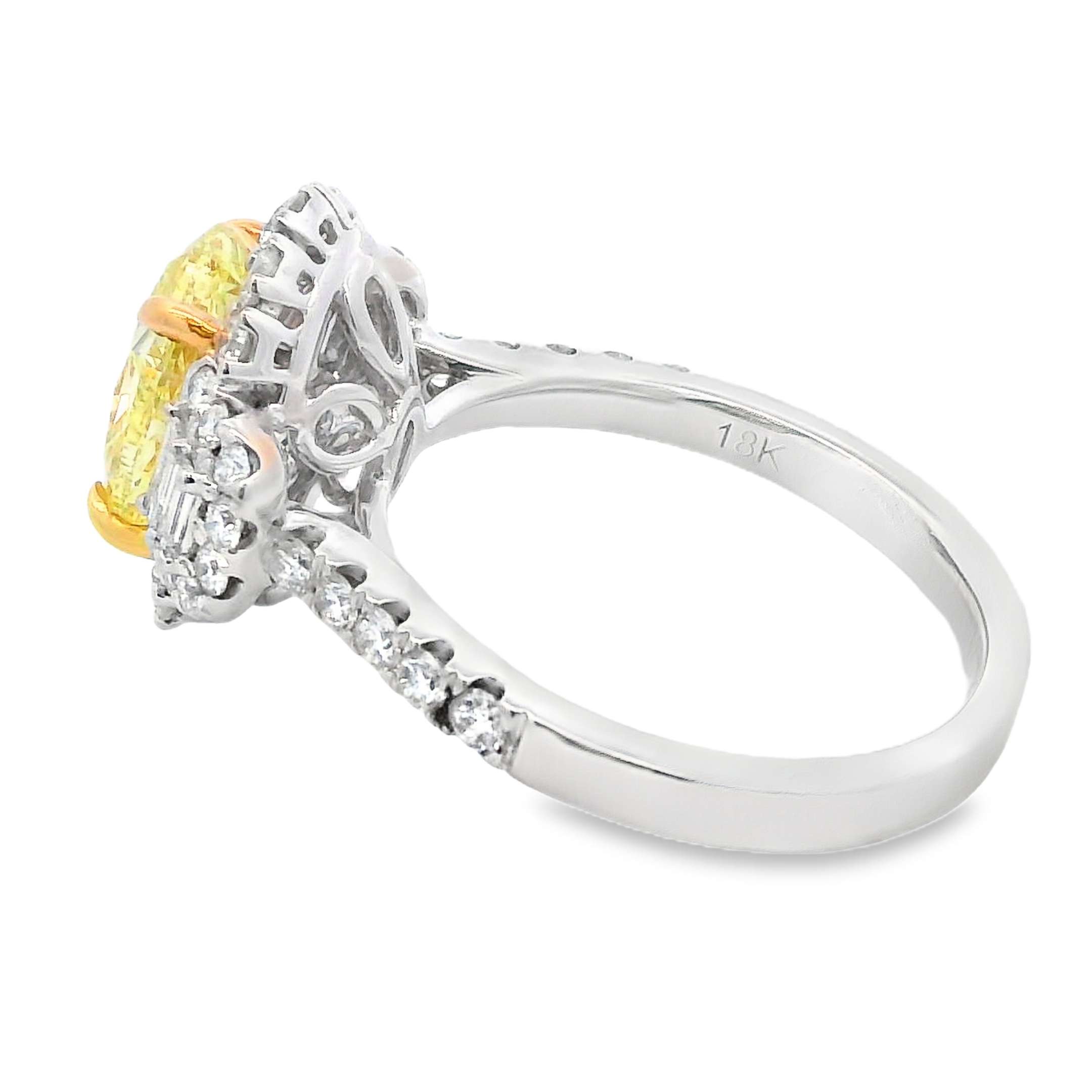 18K Two-Tone Oval Yellow Diamond and Baguette Accent Halo Ring