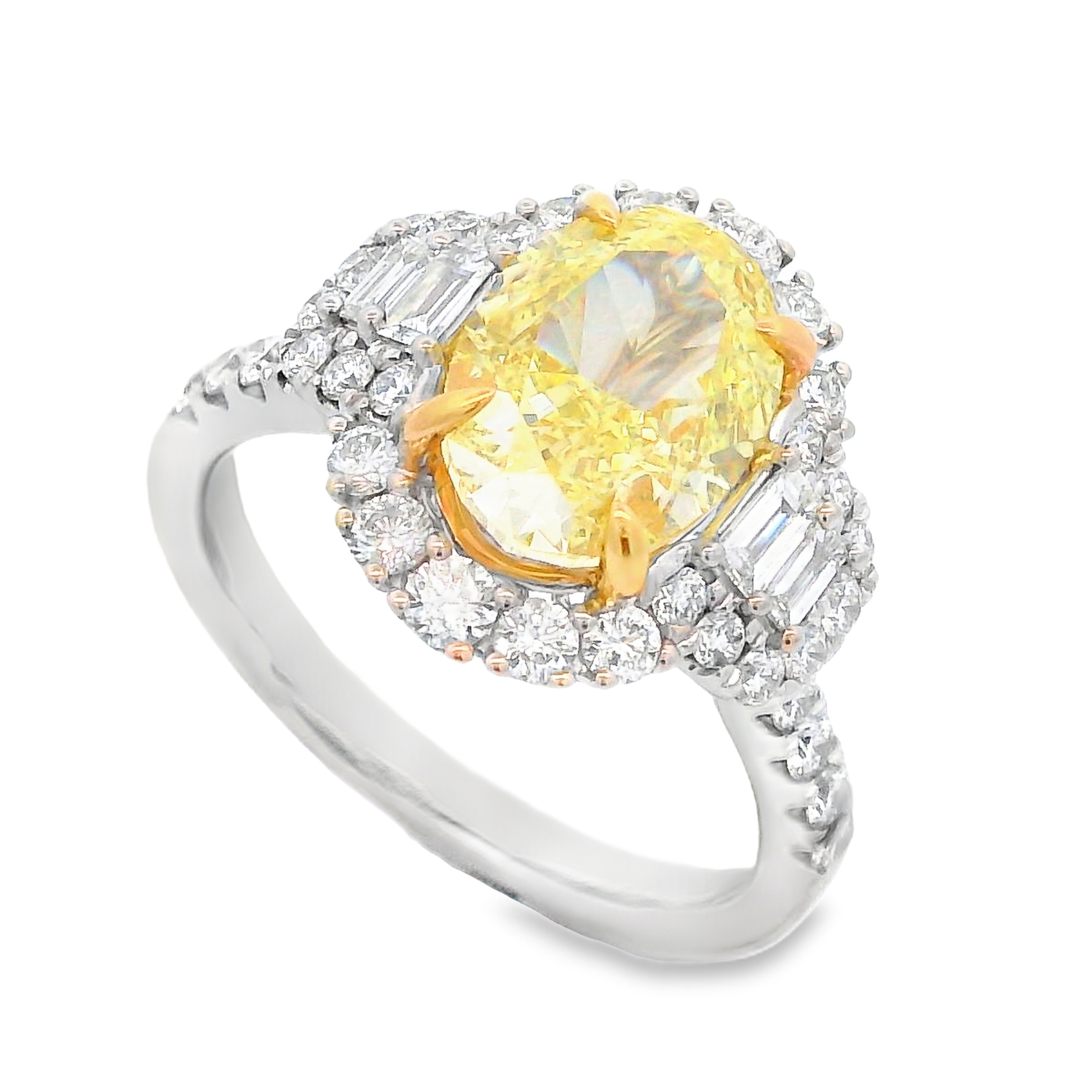 18K Two-Tone Oval Yellow Diamond and Baguette Accent Halo Ring