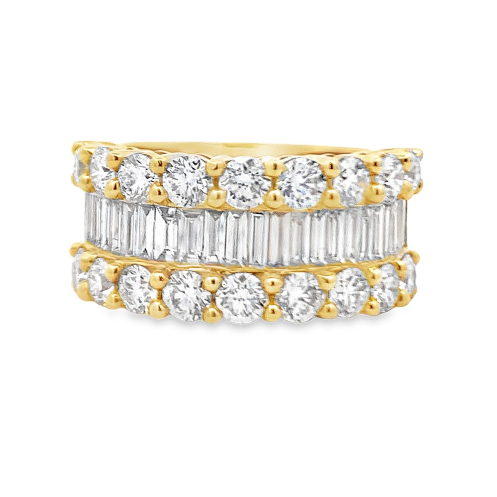 18K Yellow Gold Wide Baguette and Round Diamond Ring