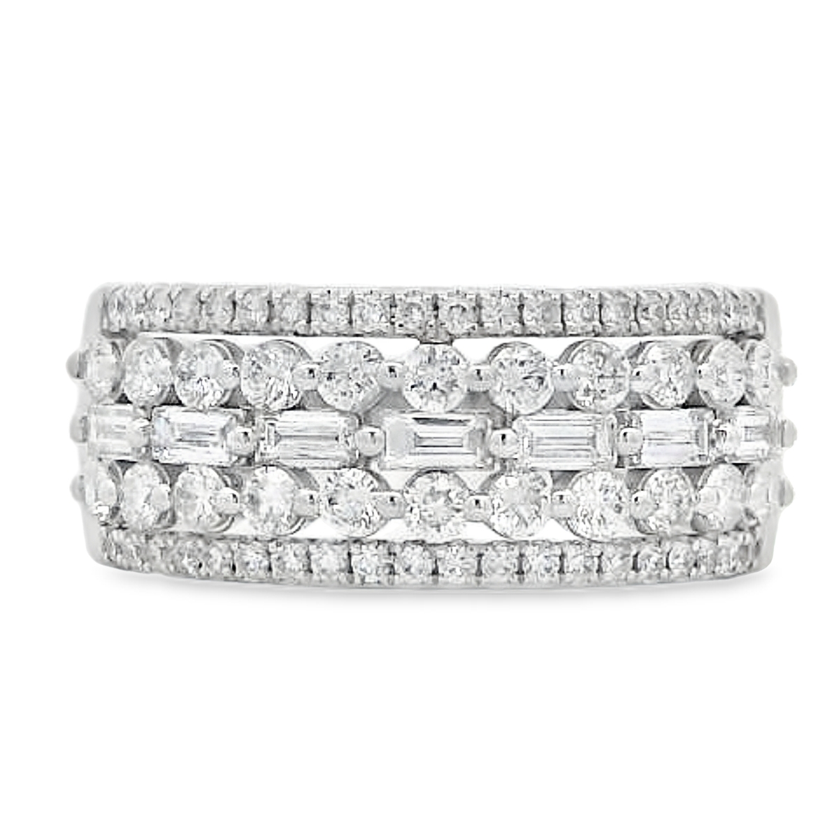 18K White Gold Baguette & Round Wide Diamond Band