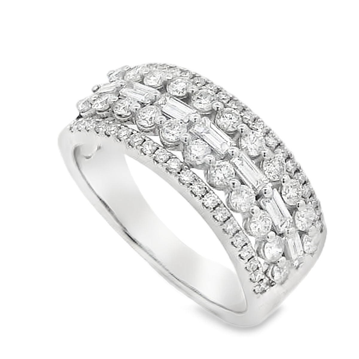 18K White Gold Baguette & Round Wide Diamond Band
