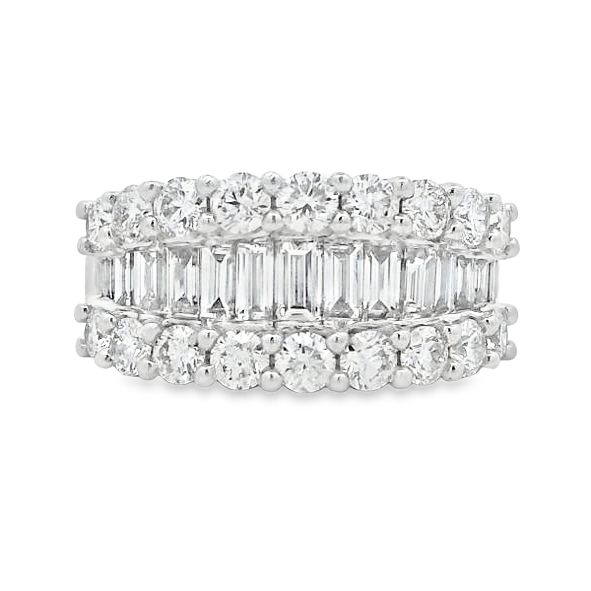 18K White Gold Large 3-Row Baguette Center Diamond Ring