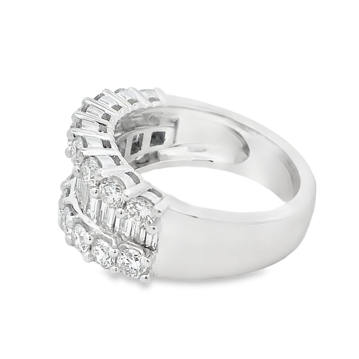 18K White Gold Large 3-Row Baguette Center Diamond Ring