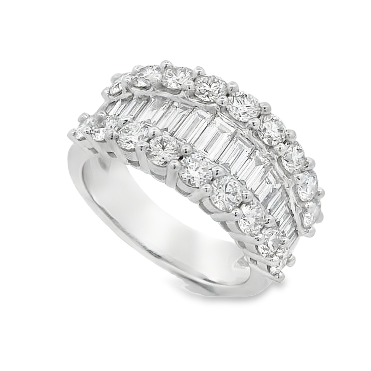 18K White Gold Large 3-Row Baguette Center Diamond Ring