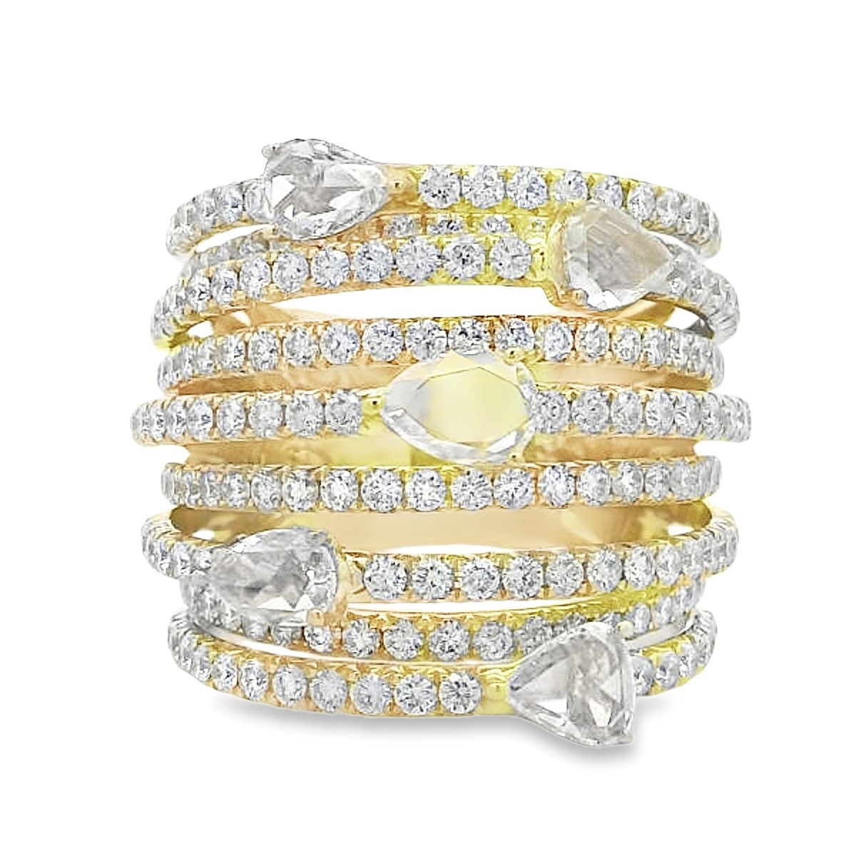 18K Yellow Gold Rose-Cut Pear Accent Diamond Rows Ring