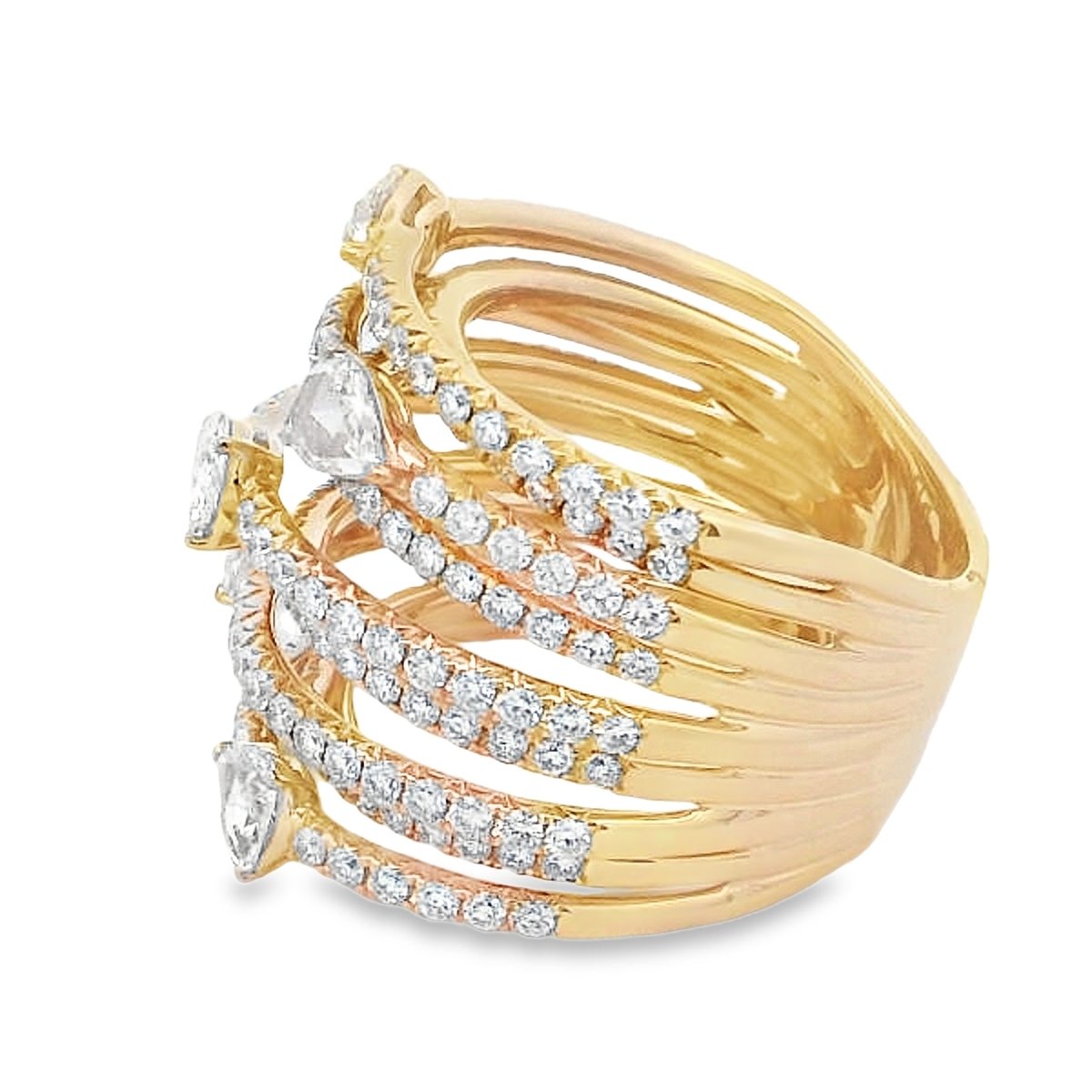 18K Yellow Gold Rose-Cut Pear Accent Diamond Rows Ring