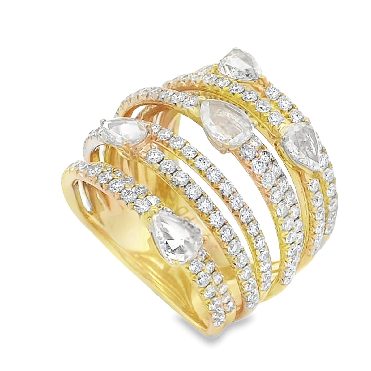 18K Yellow Gold Rose-Cut Pear Accent Diamond Rows Ring