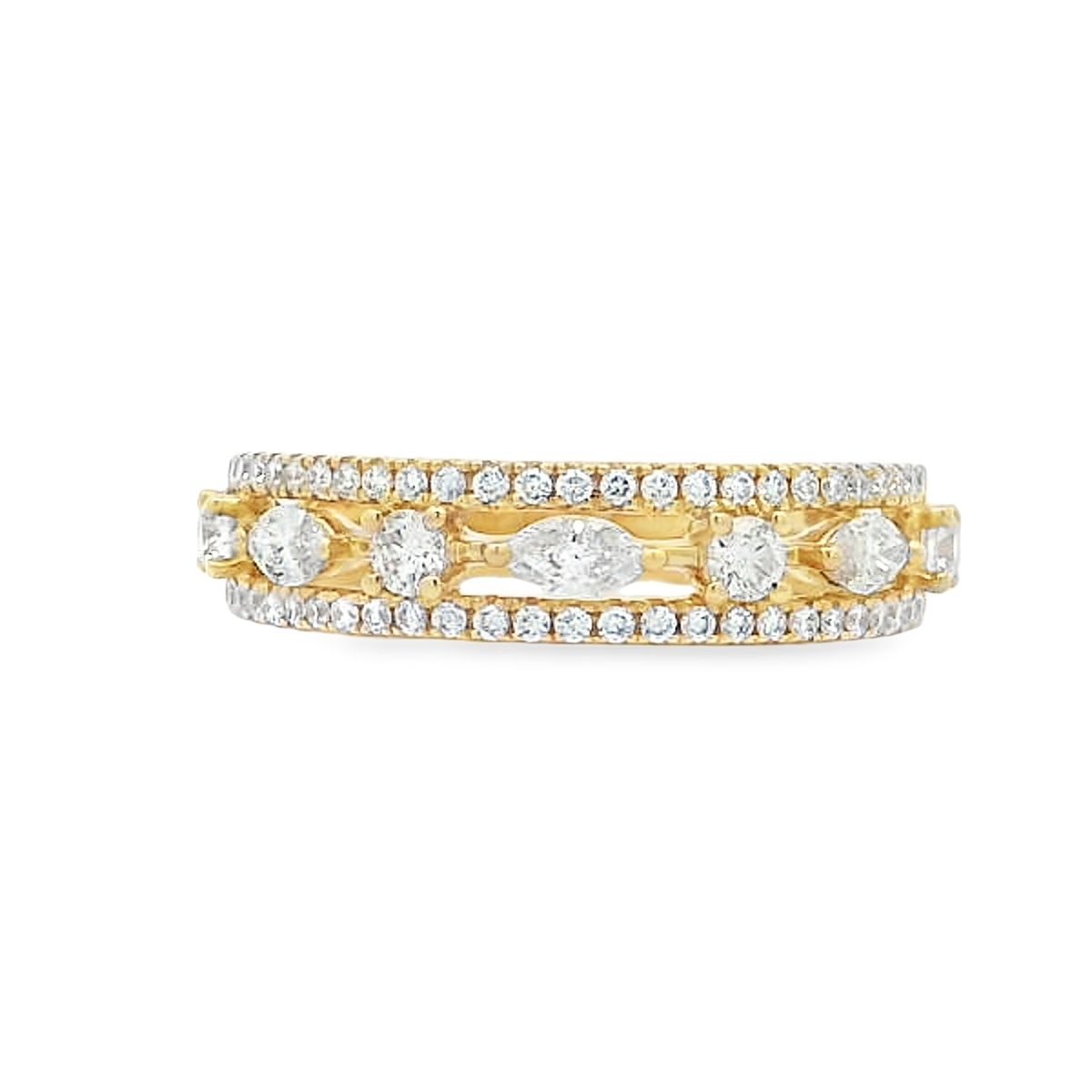 18K Yellow Gold Marquise & Round Center Row Diamond Ring
