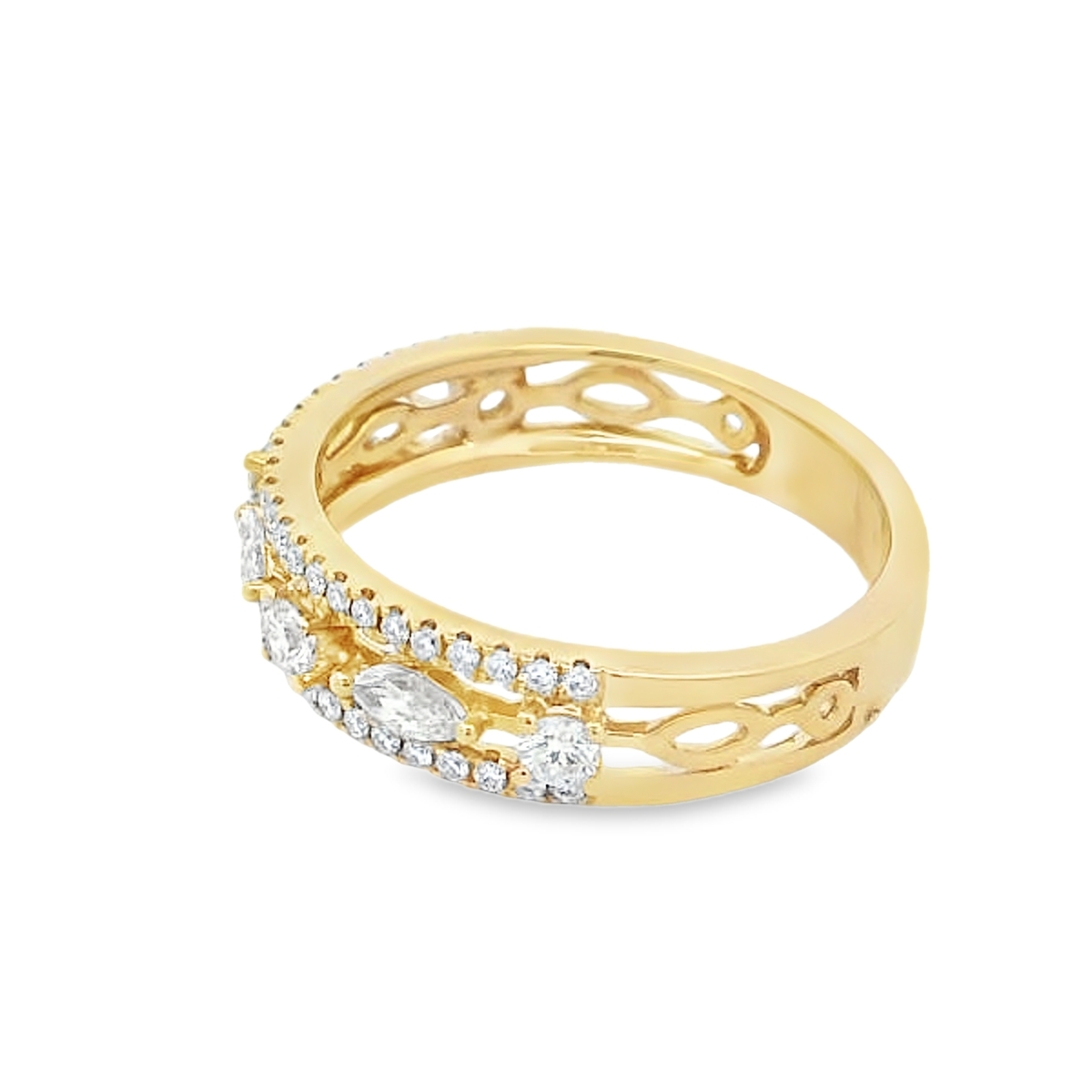 18K Yellow Gold Marquise & Round Center Row Diamond Ring