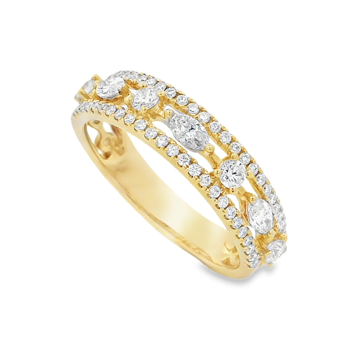 18K Yellow Gold Marquise & Round Center Row Diamond Ring