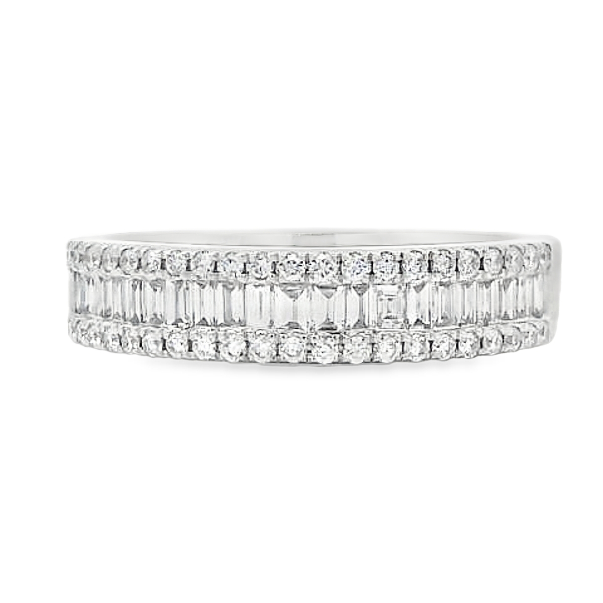18K White Gold Straight 3-Row Baguette Center Diamond Band