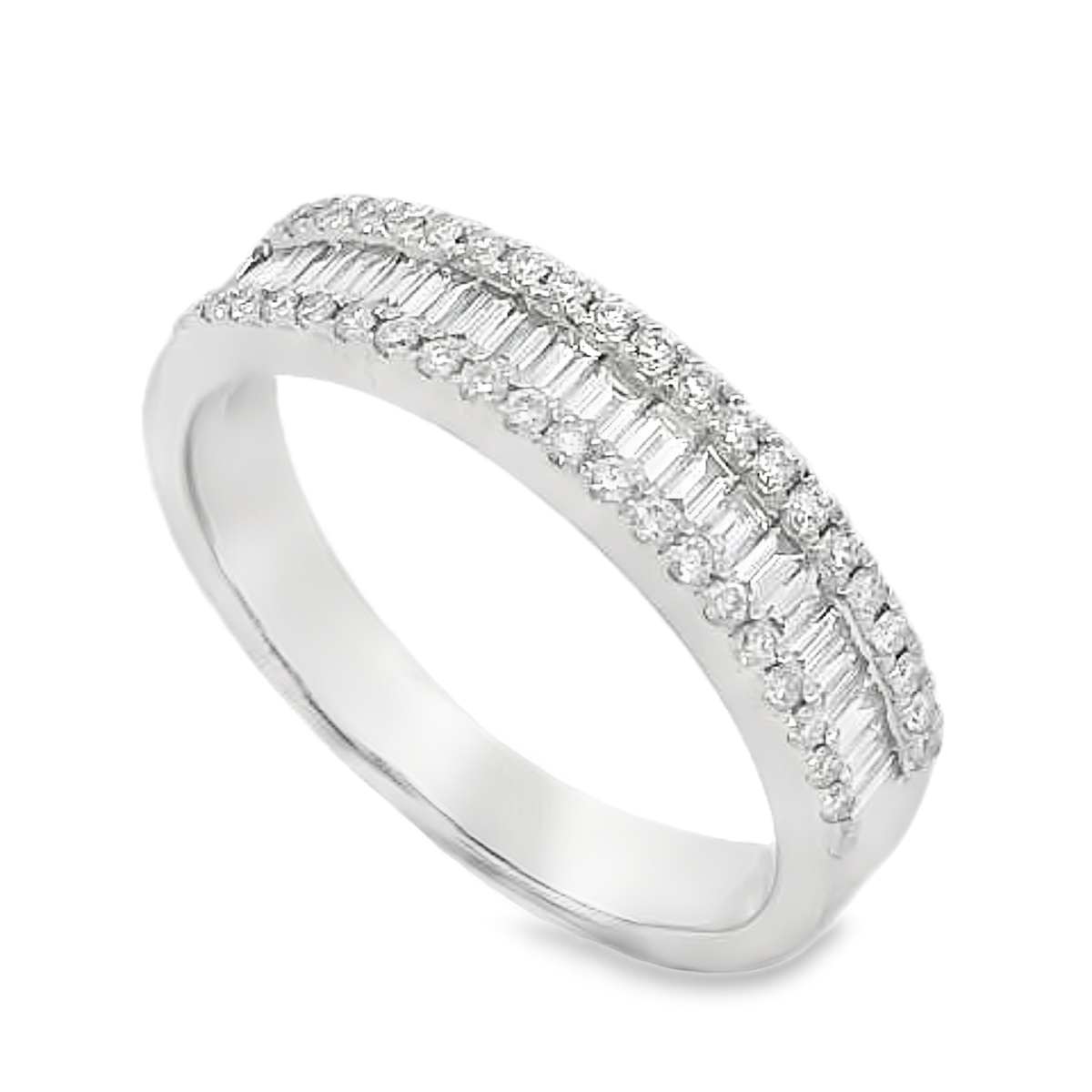 18K White Gold Straight 3-Row Baguette Center Diamond Band