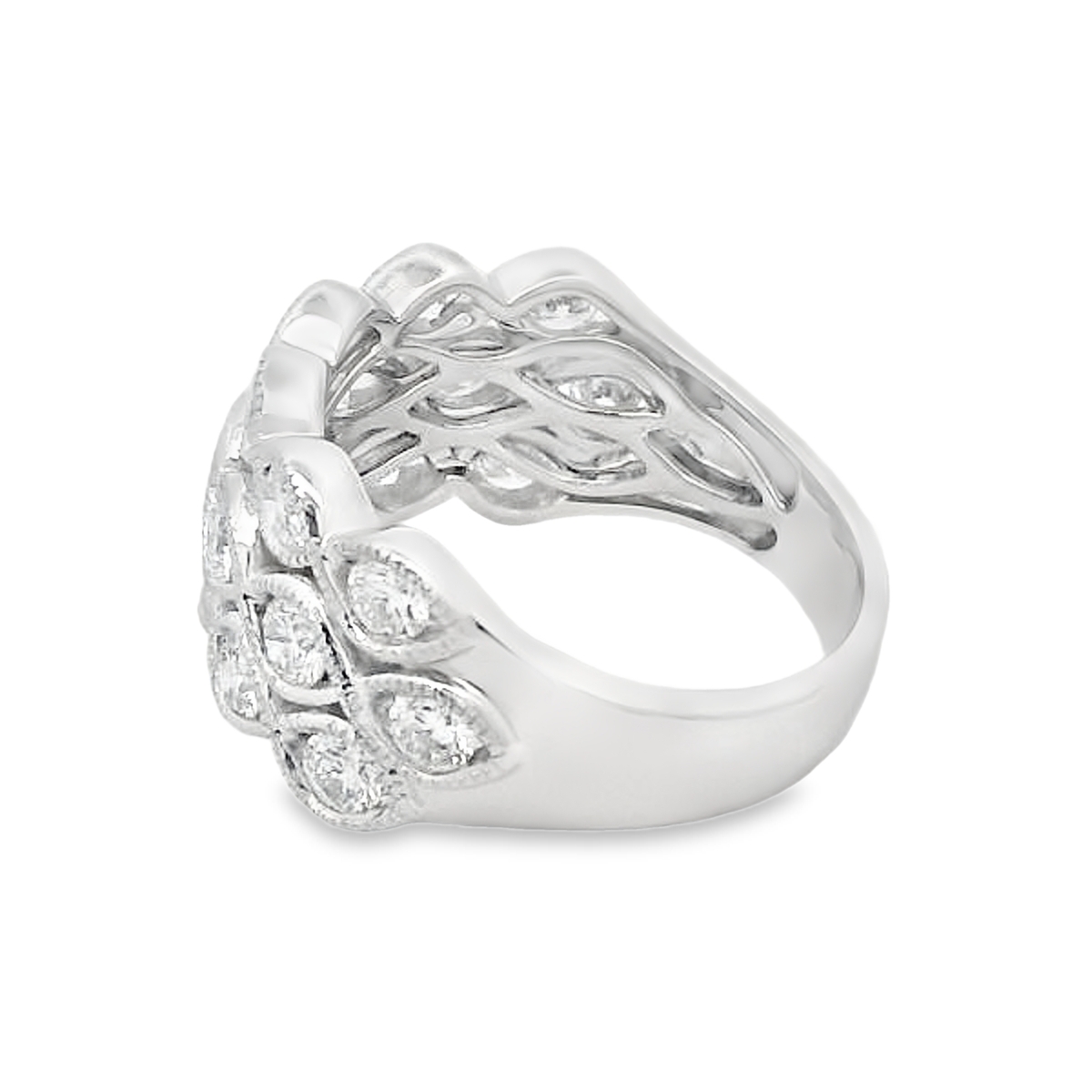 18K White Gold Milgrain 3-Row Wide Diamond Ring