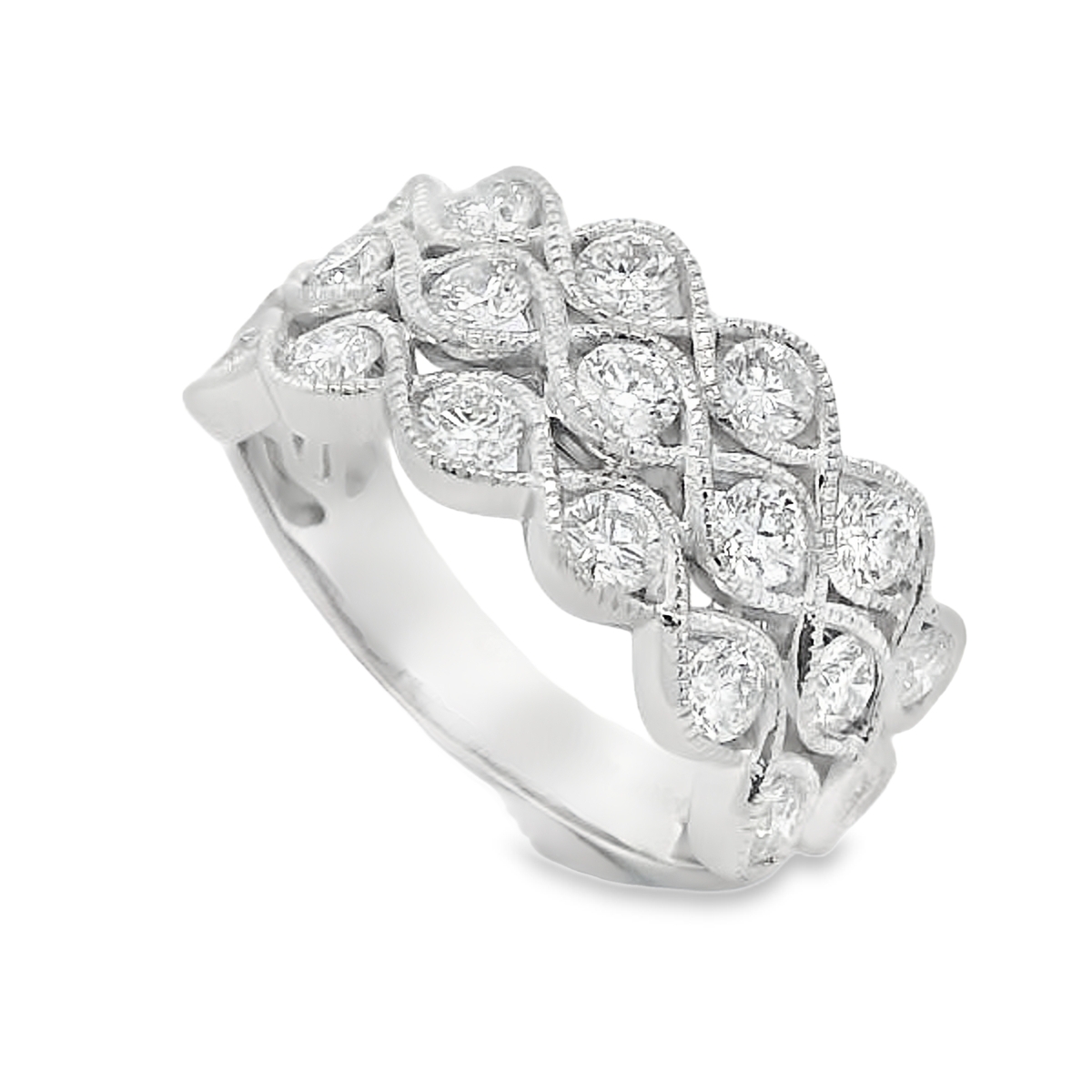 18K White Gold Milgrain 3-Row Wide Diamond Ring