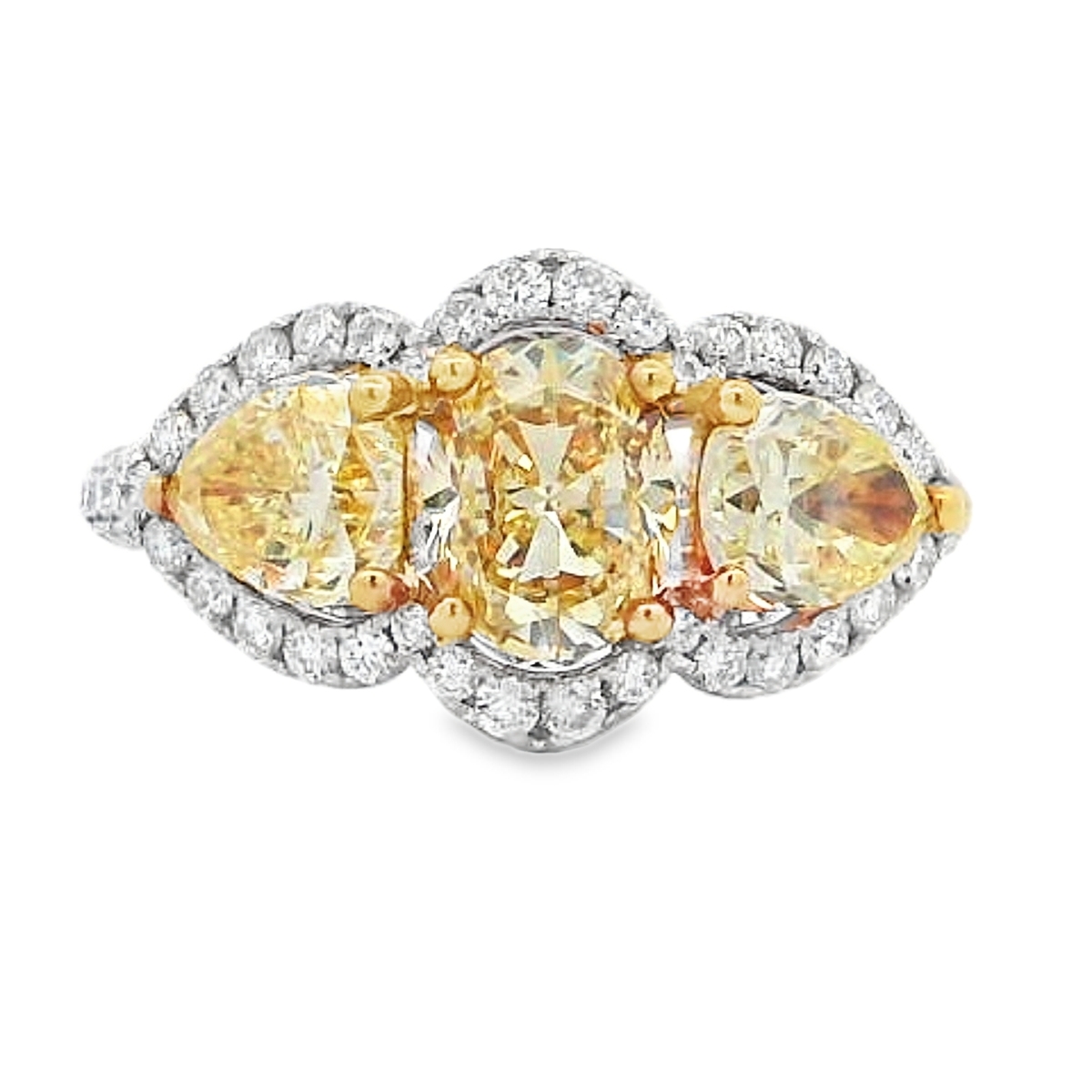18K Two-Tone 3-Stone Yellow Diamond Halo Ring