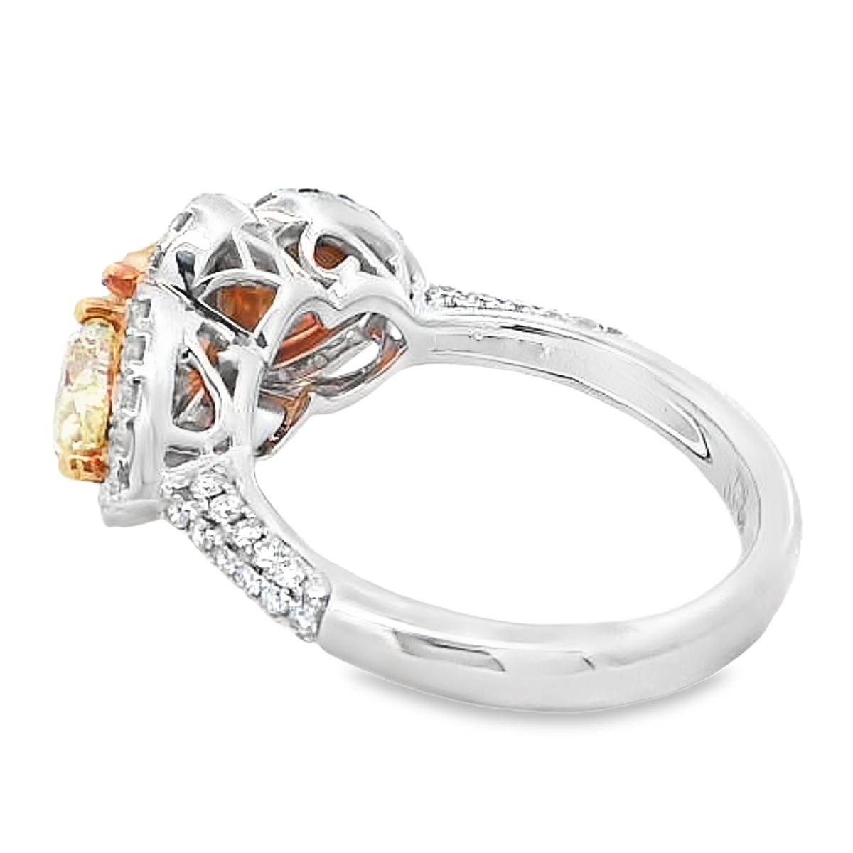 18K Two-Tone 3-Stone Yellow Diamond Halo Ring
