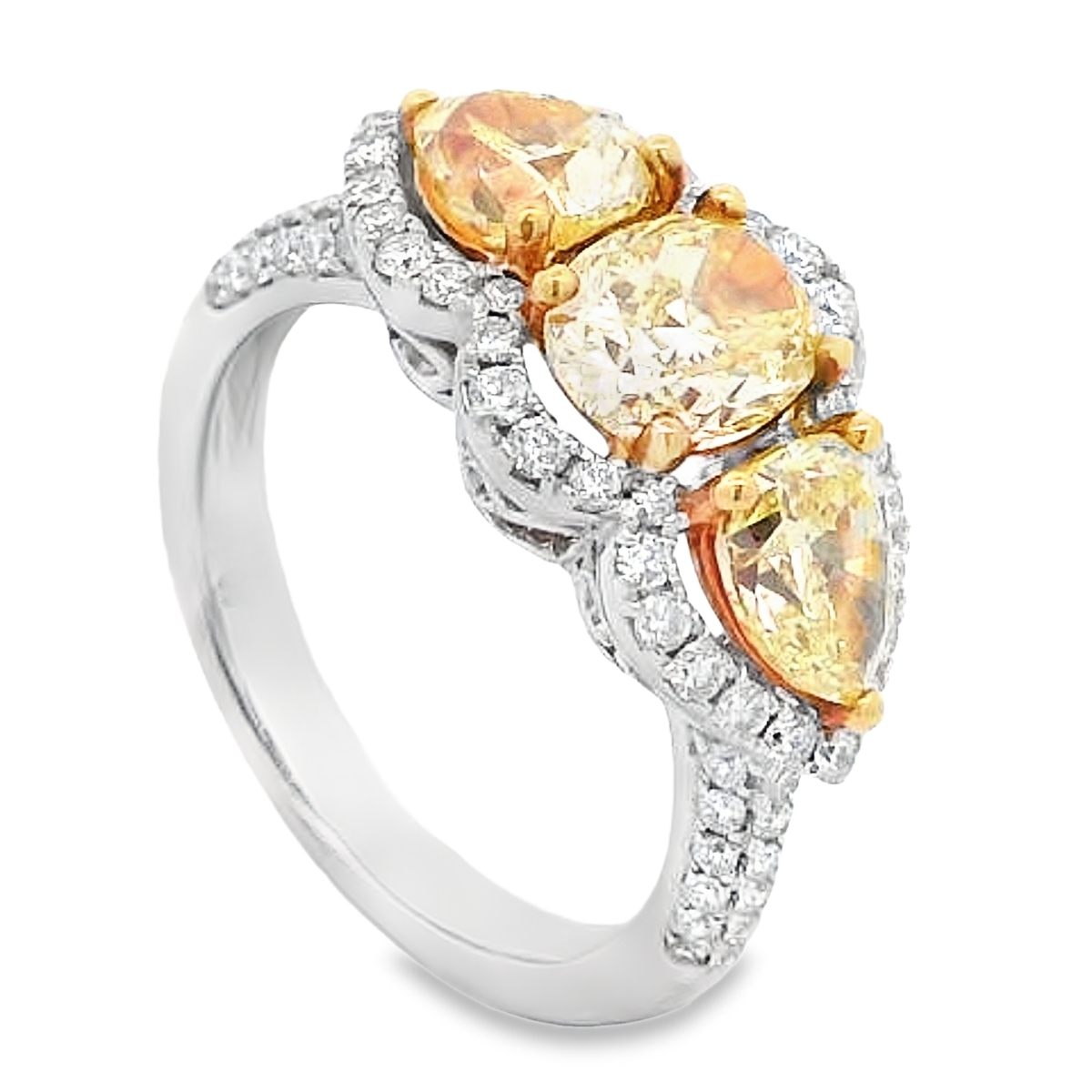 18K Two-Tone 3-Stone Yellow Diamond Halo Ring