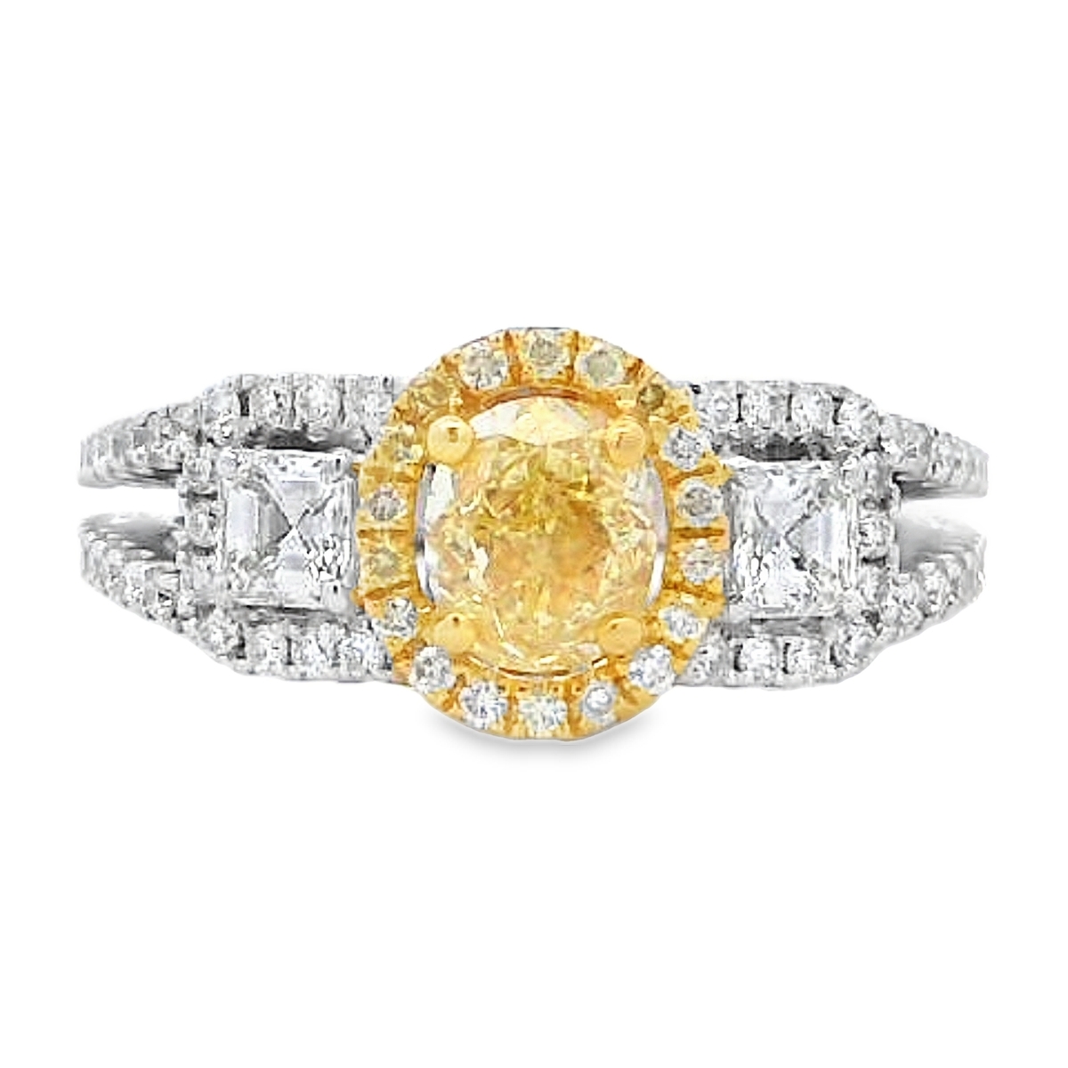 18K Two-Tone Yellow Diamond 3-Stone Asscher Sides Ring