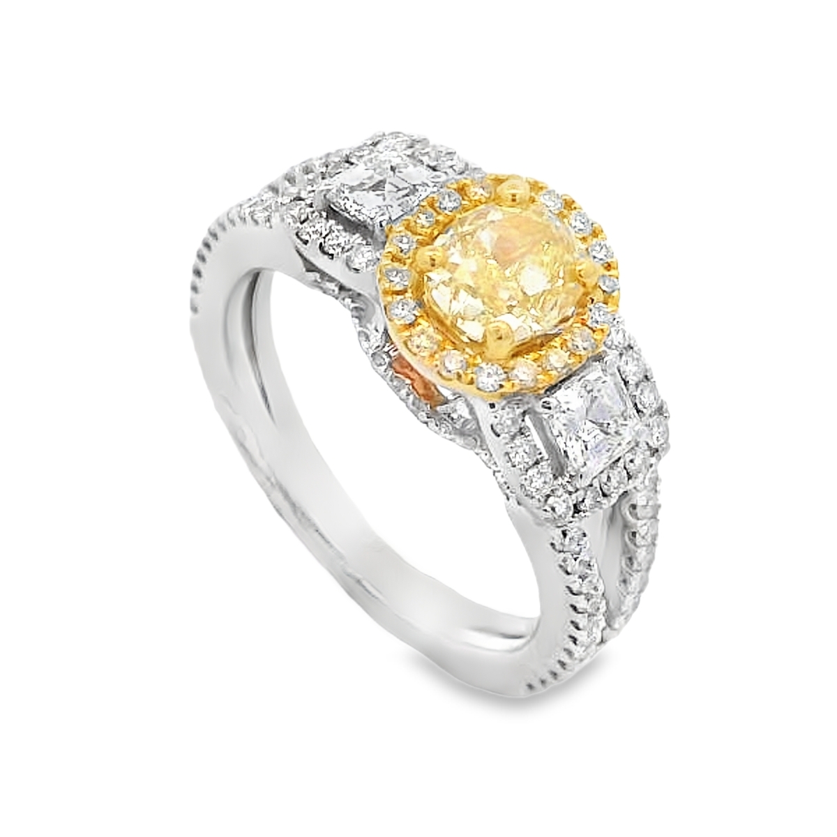 18K Two-Tone Yellow Diamond 3-Stone Asscher Sides Ring