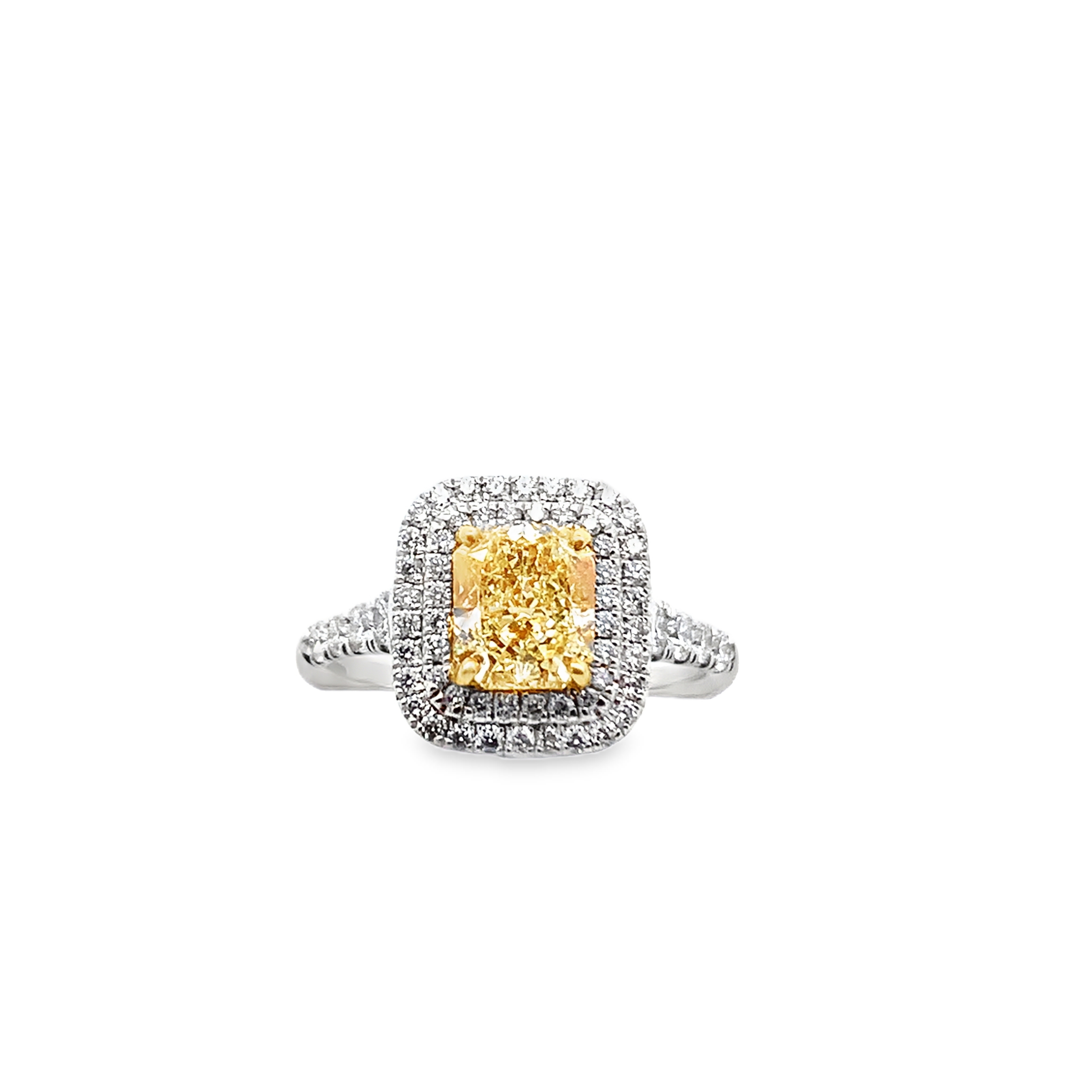 Platinum &18K Yellow Gold Diamond Ring with 1 Radiant Diamond 1.33 CTW VS2 and 100 Round Diamonds 0.71 CTW G-H VS