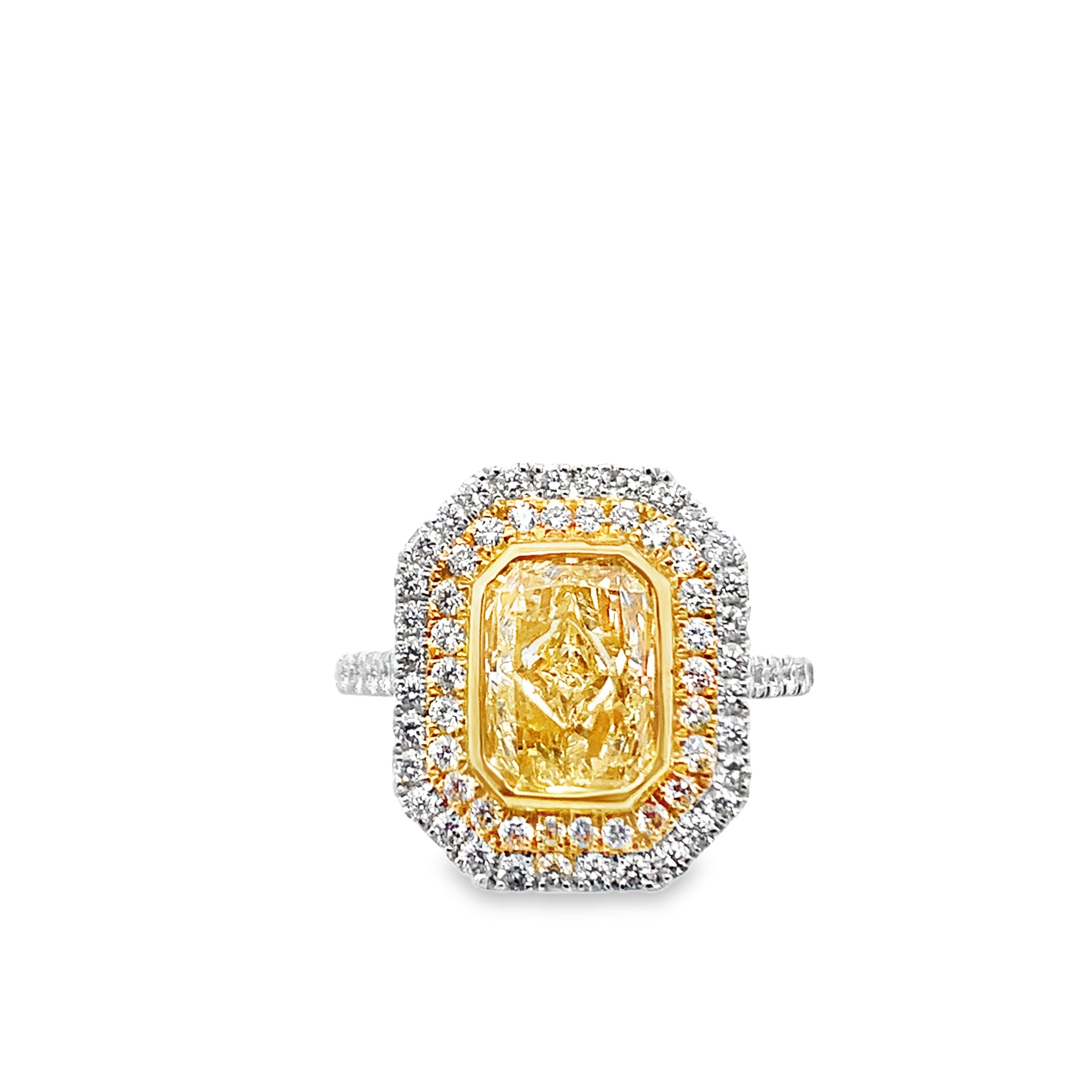 Platinum &18K Yellow Gold Diamond Ring with 1 Radiant Diamond 1.81 CTW VS1 and 106 Round Diamonds 0.98 CTW G-H VS